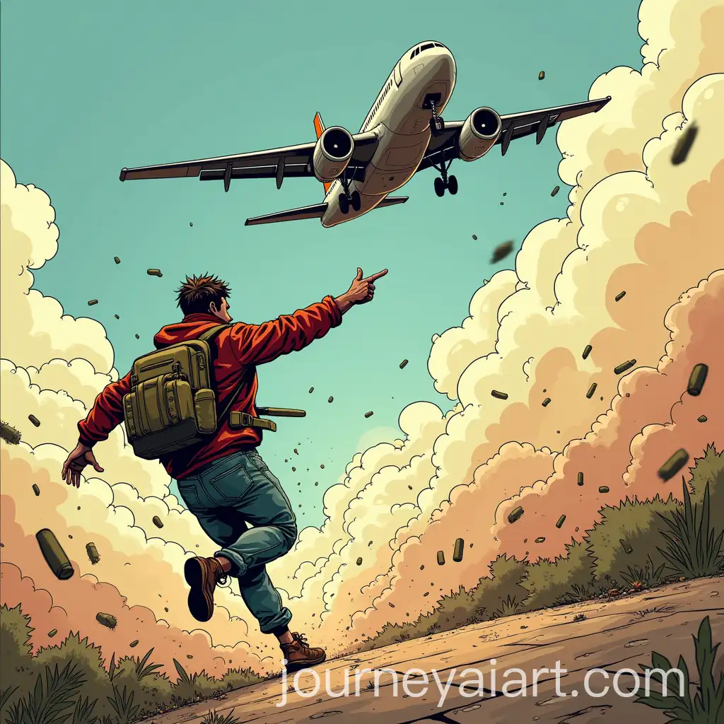 Daring-Chase-Manga-Character-Running-After-a-Plane-with-a-Grenade