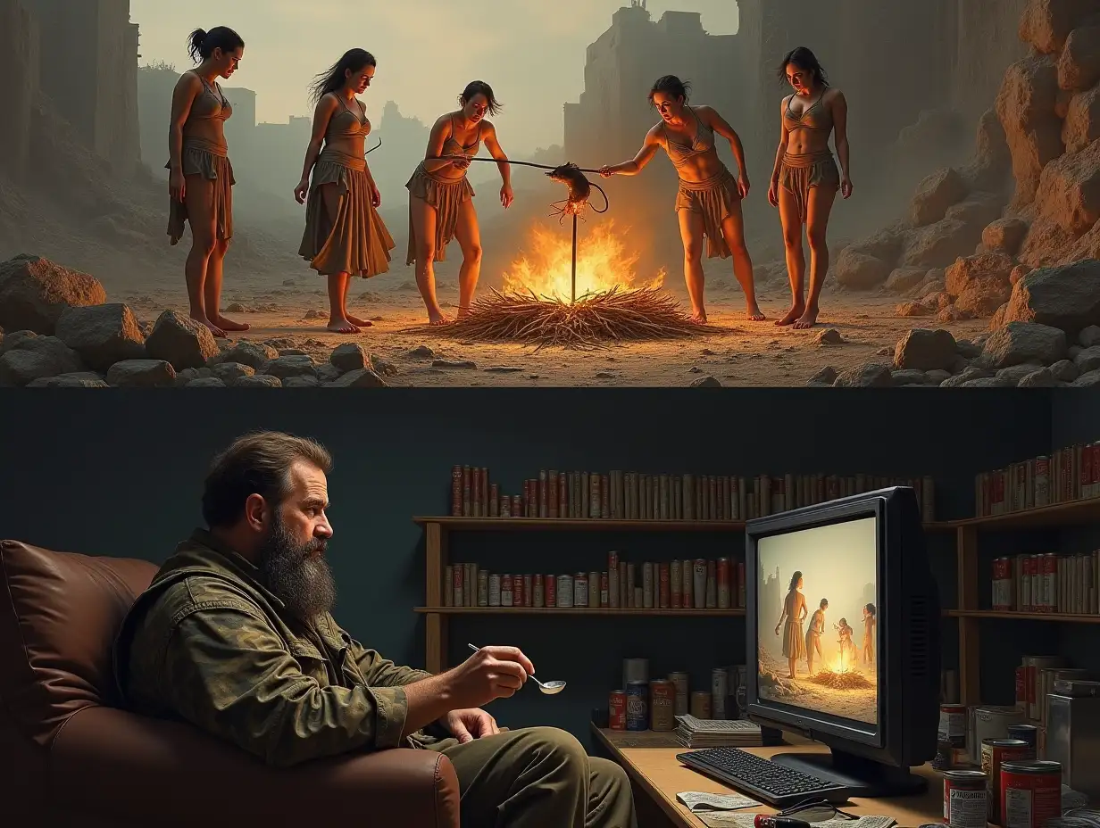 user_prompt: A picture is divided into two parts horizontally. At the top, on the ground among ruins, a group of three thin, glamorous women in tattered rags, are roasting a rat on a spit over a fire. Below, from a bunker, a bearded man in camouflage is sitting on a couch, watching this scene with interest on a monitor screen, eating canned stew with a spoon. Along the wall of the bunker, shelves filled with rows of canned goods. A dramatic painting in oil.