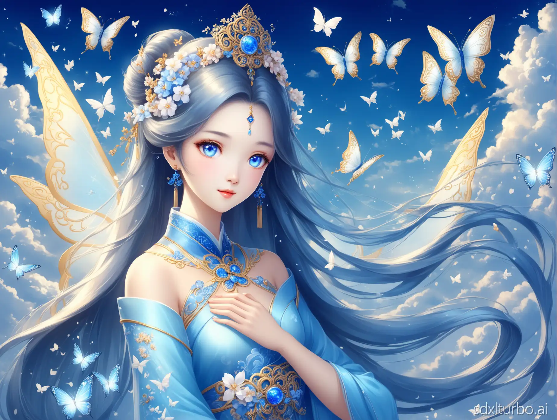 A Chinese goddess of pure and tender beauty, full of great love, with very beautiful blue eyes sparkling with love, long hair adorned with elegant hair accessories, a flowing blue dress, and a background of butterflies, flowers, and clouds.