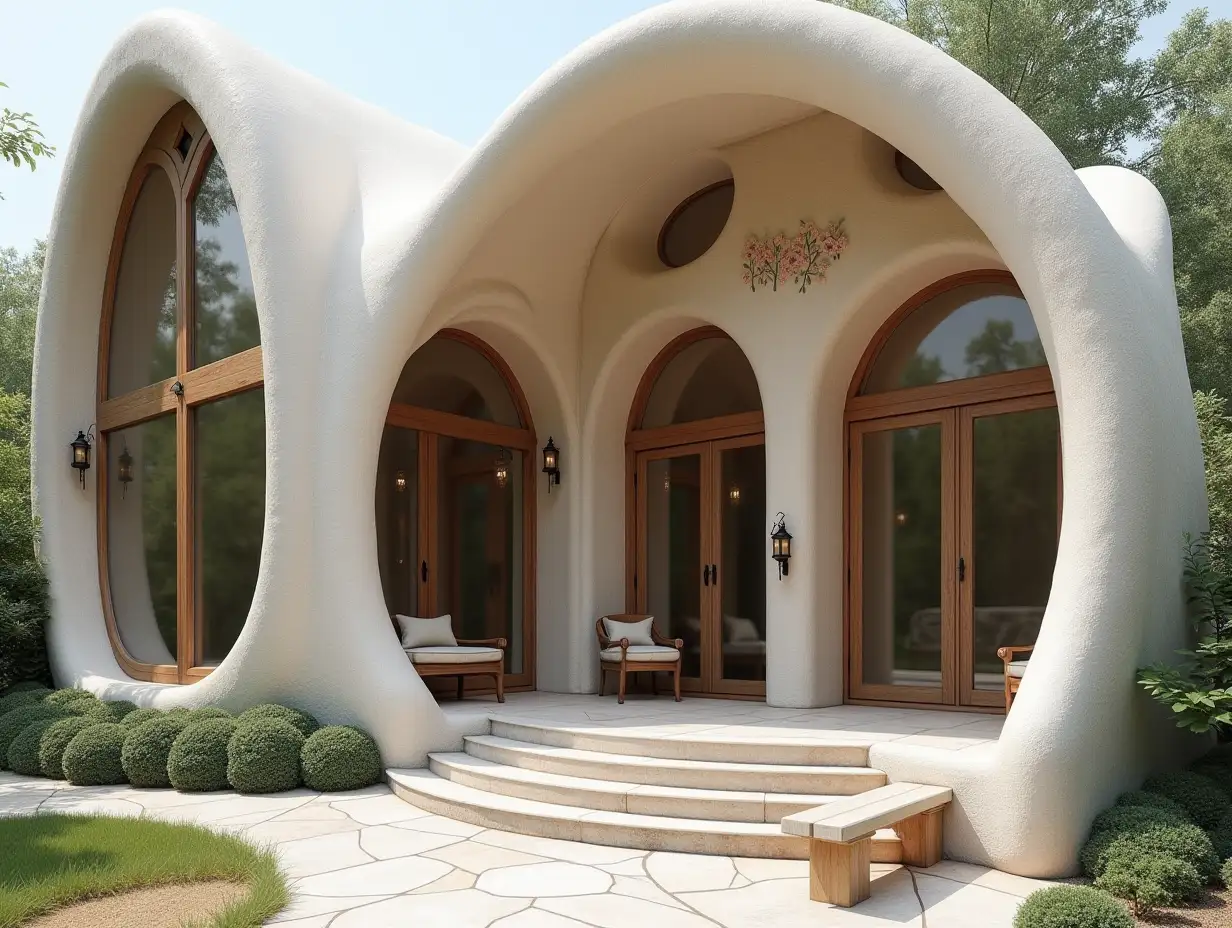 crooked house decoration-with stucco in form of plant decoration, large windows with closed glass, curved, smooth window shapes, curved big entrance steps from marble complex arched roof, dike, lanterns, benches