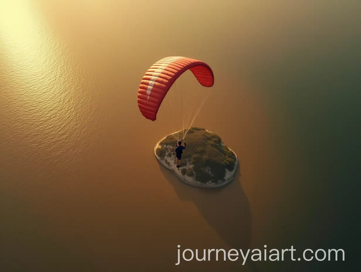 Man-Parachuting-Over-Brown-Ocean-with-Small-Island-Below
