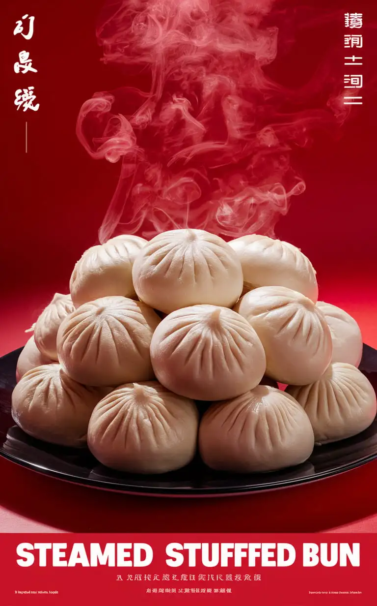 art steamed stuffed bun advertising poster, many steamed stuffed bun place in plate solid red color background, high resolution, high definition image, wide angle lens composition, bright lighting

