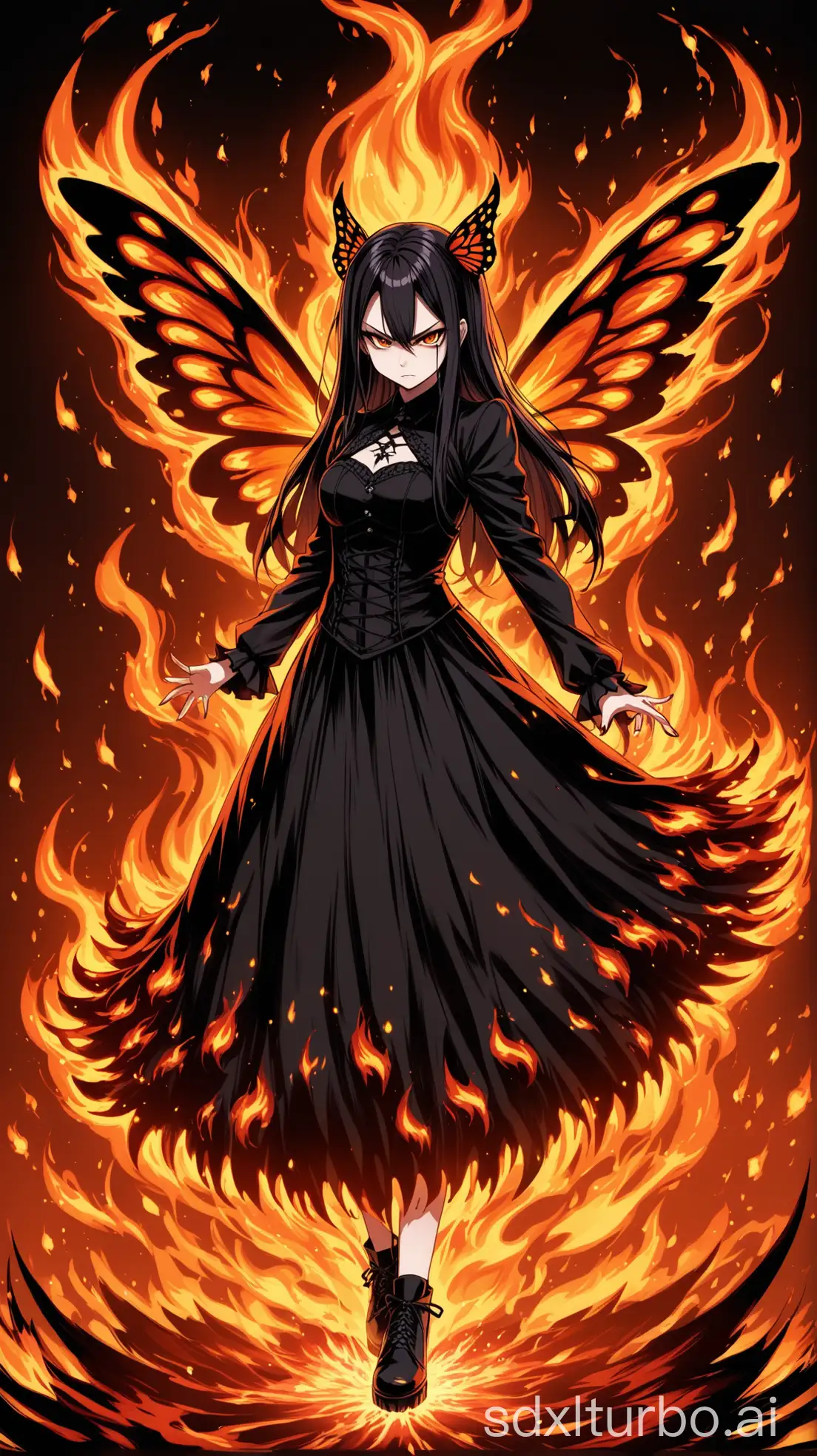 best quality, masterpiece, anime style, absurdres,  1girl, goth girl, fire spirit, engulfed in flames, angry pose, wearing goth dress, fiery butterfly wings, fire everywhere, casting fire spell, full body, simple background