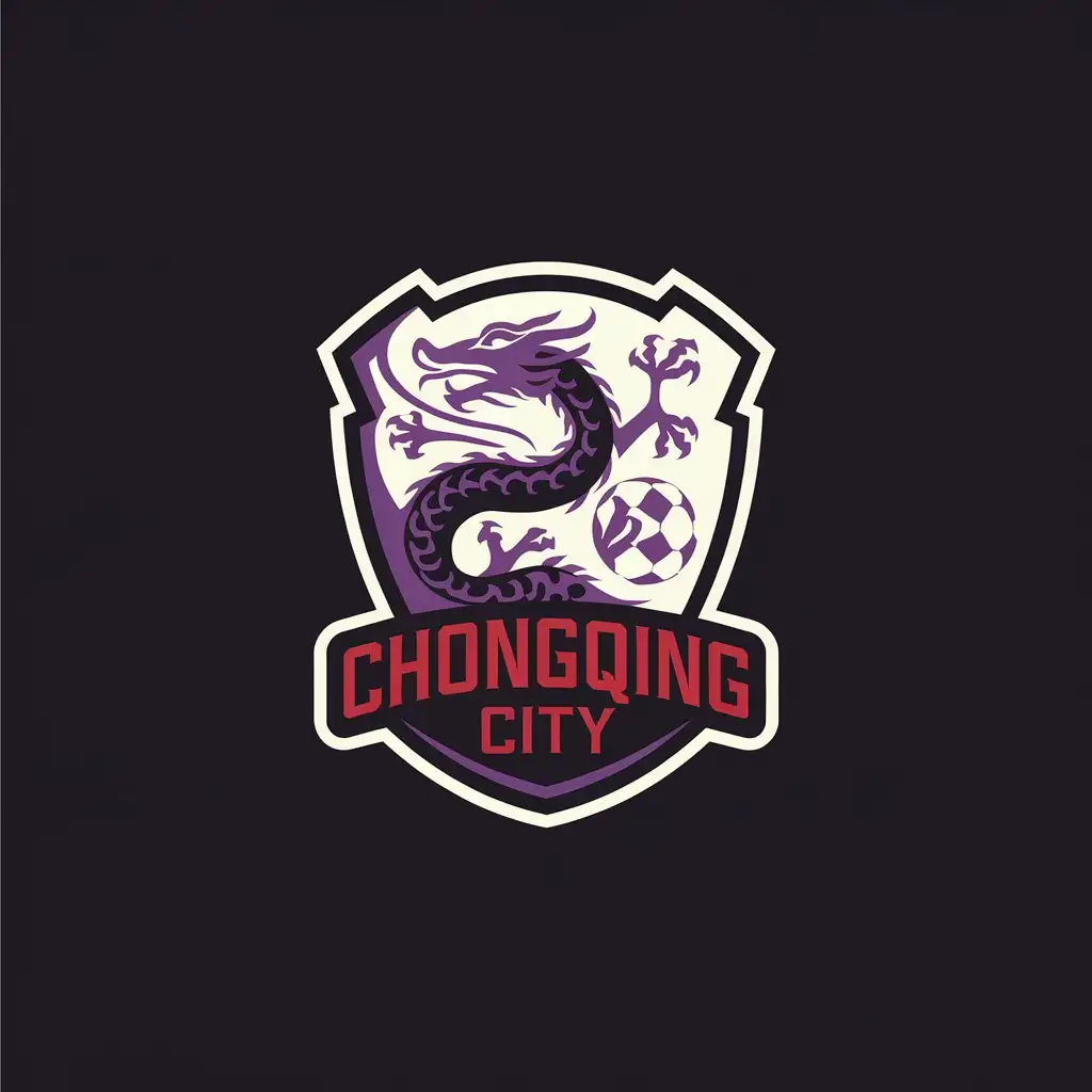 LOGO Design for Chongqing City ShieldShaped Soccer Club Logo with Loong and Ball in Purple and Red