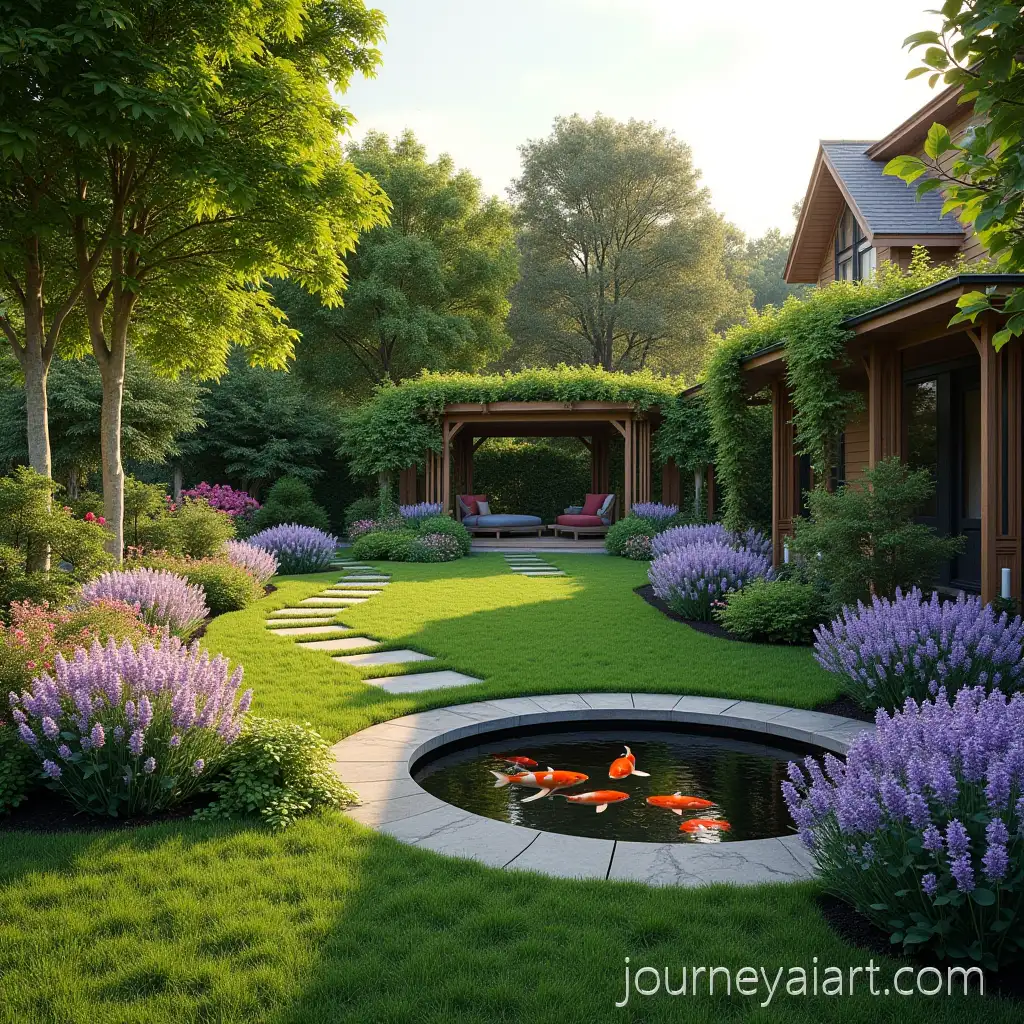 Serene-Modern-Garden-Landscape-with-Stone-Pathways-and-Koi-Pond-at-Sunset