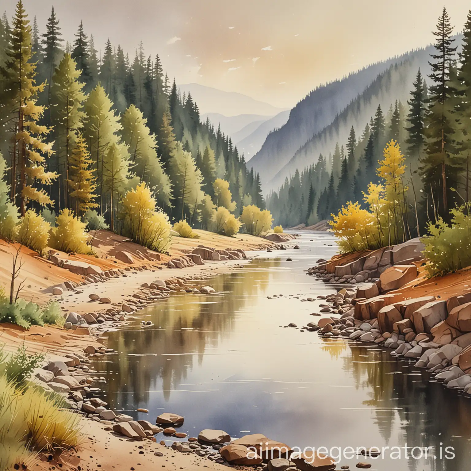 Tranquil-Watercolor-Painting-of-a-River-Valley-with-Forest