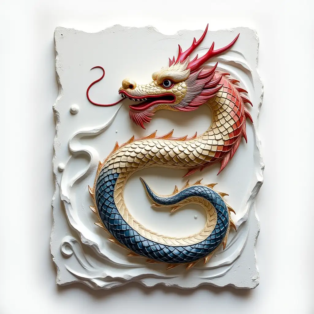 An abstract Chinese dragon in decorative plaster bas-relief on a white background. Coiled dynamic body with stylized scales and flowing whiskers. Strong impasto texture with visible trowel strokes and plaster swirls. Subtle metal leaf accents. Selective red, gold, and deep blue washes highlight contours. Dramatic top lighting enhances depth and shadows. Abstract modern wall art.