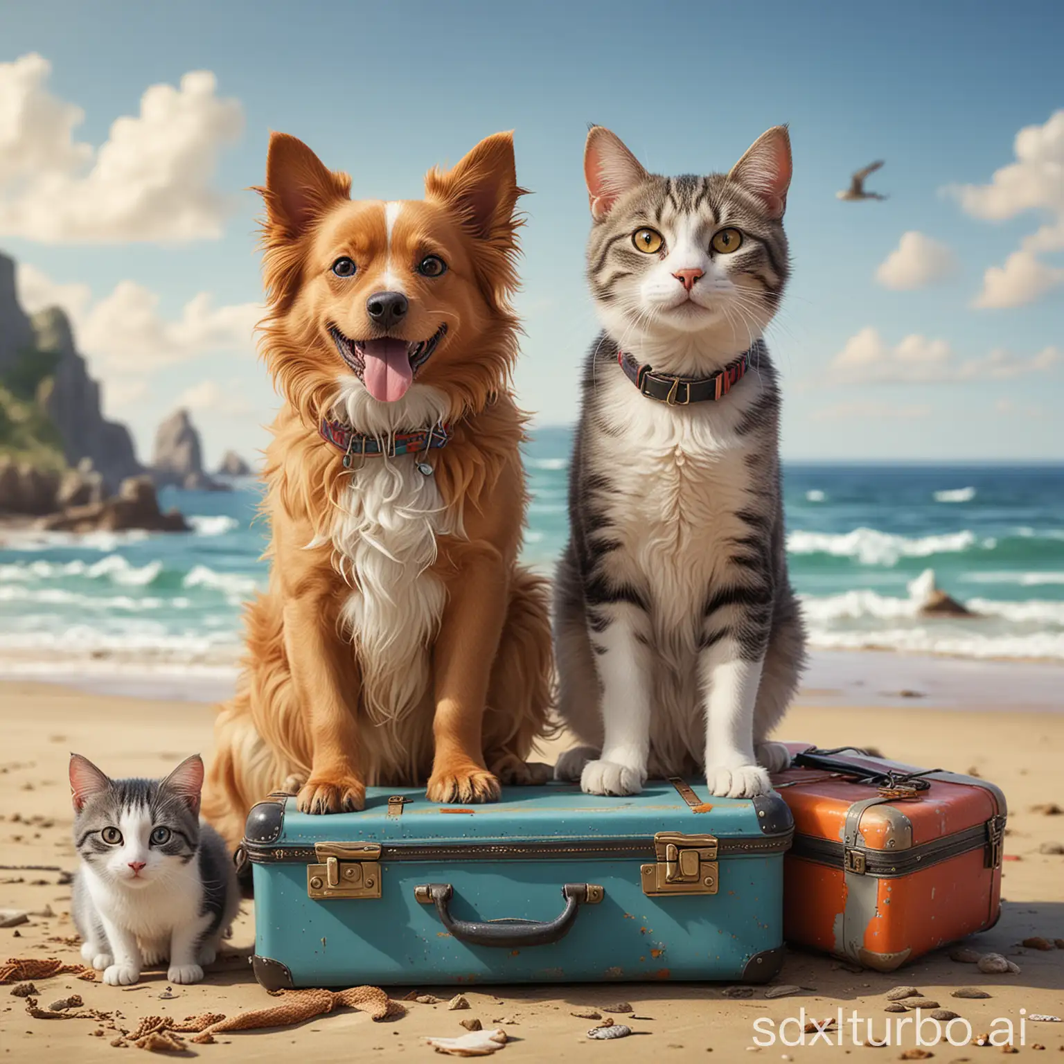 Dog-and-Cat-Enjoying-Beach-Vacation-with-Colorful-Suitcases