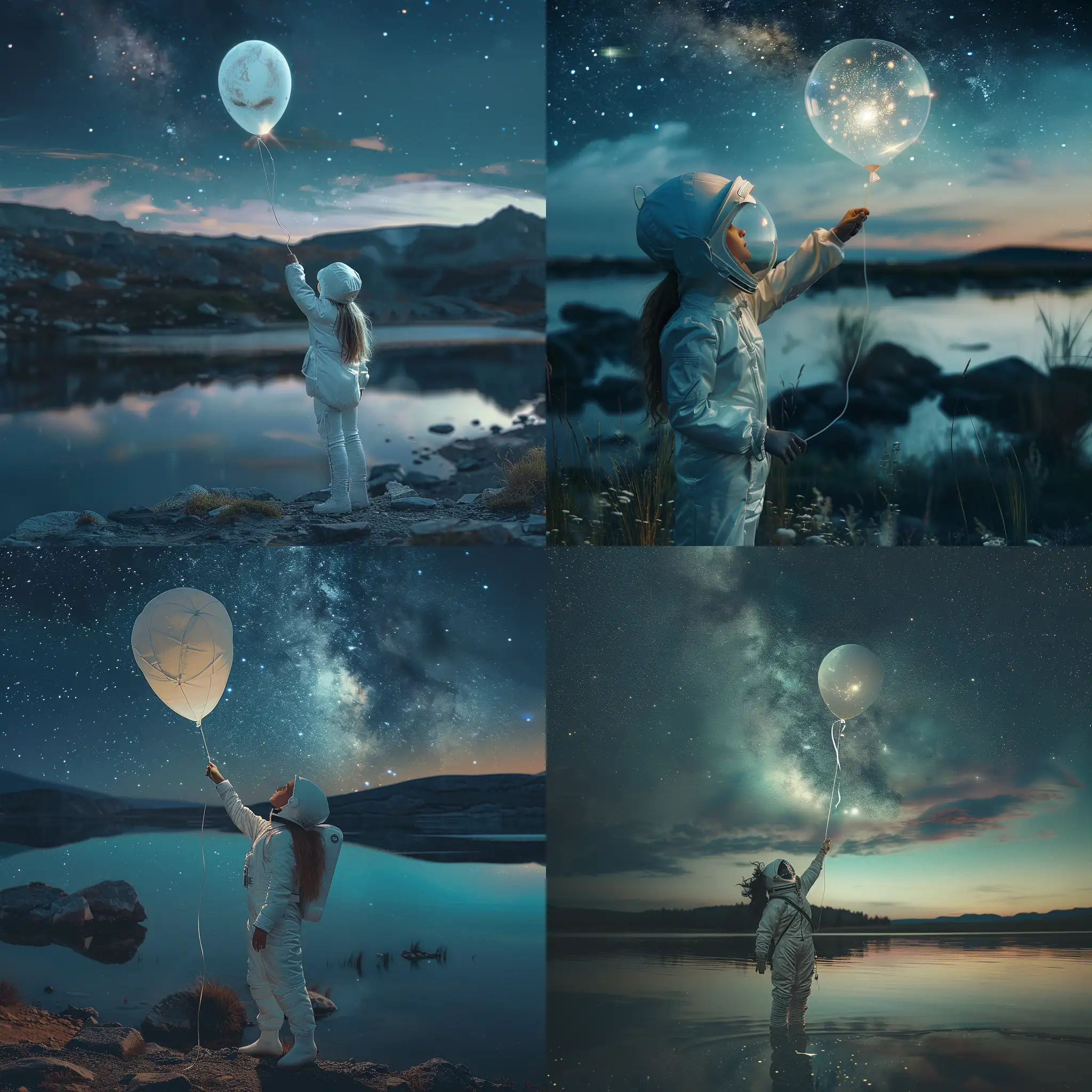 Girl-in-White-Spacesuit-Reaching-for-Departing-Balloon-in-Starry-Landscape