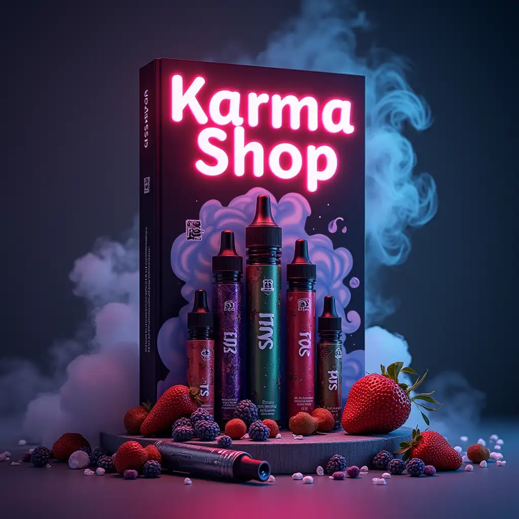 a bright cover with the inscription 'Karma Shop', a variety of electronic cigarettes, vaping liquids and accessories, decorated in a dynamic SMOKE style. The background should be smooth and modern, with subtle neon lighting and evaporation effects