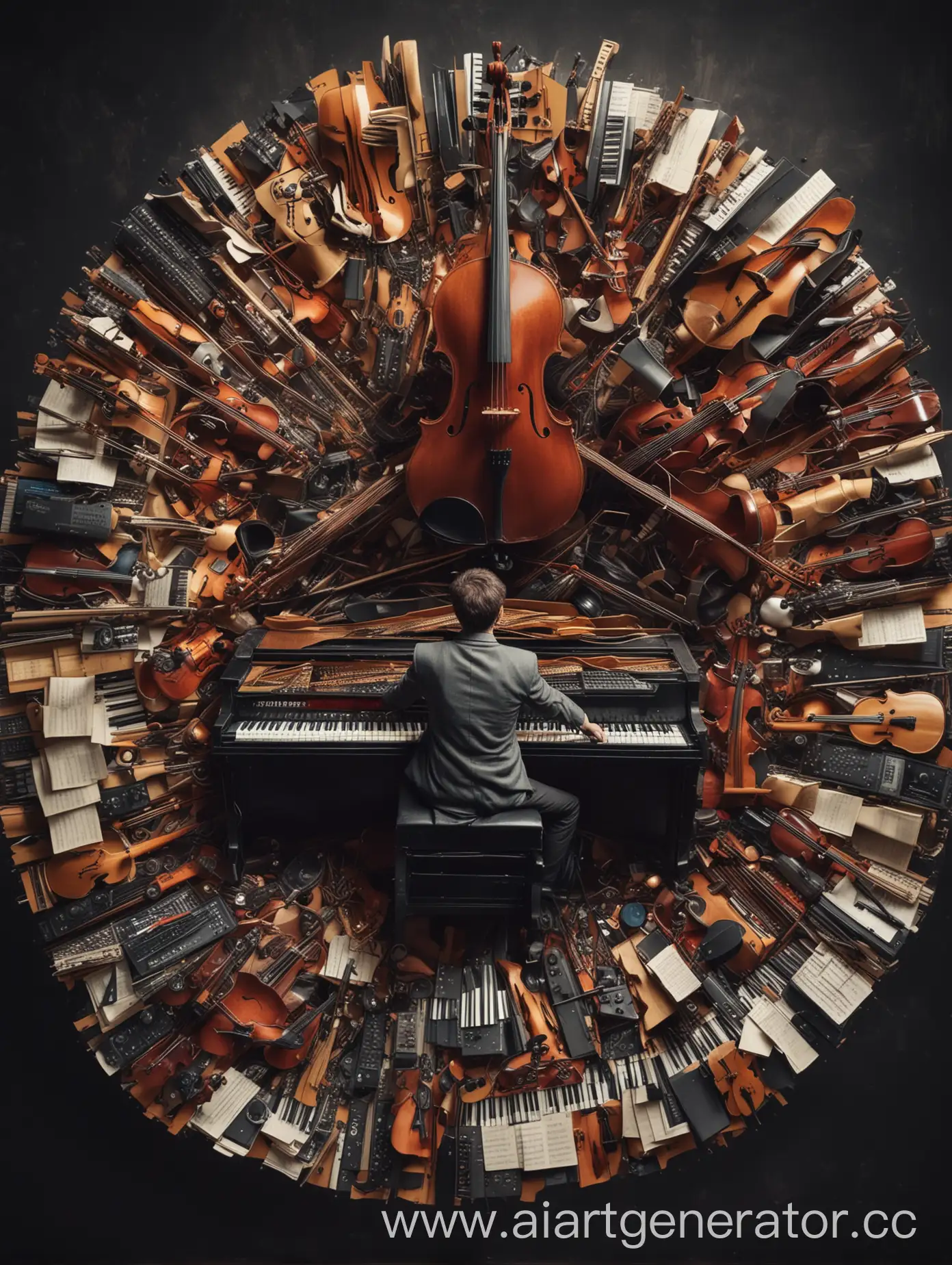 Pianist-Surrounded-by-Instruments-and-Colorful-Music-Explosion