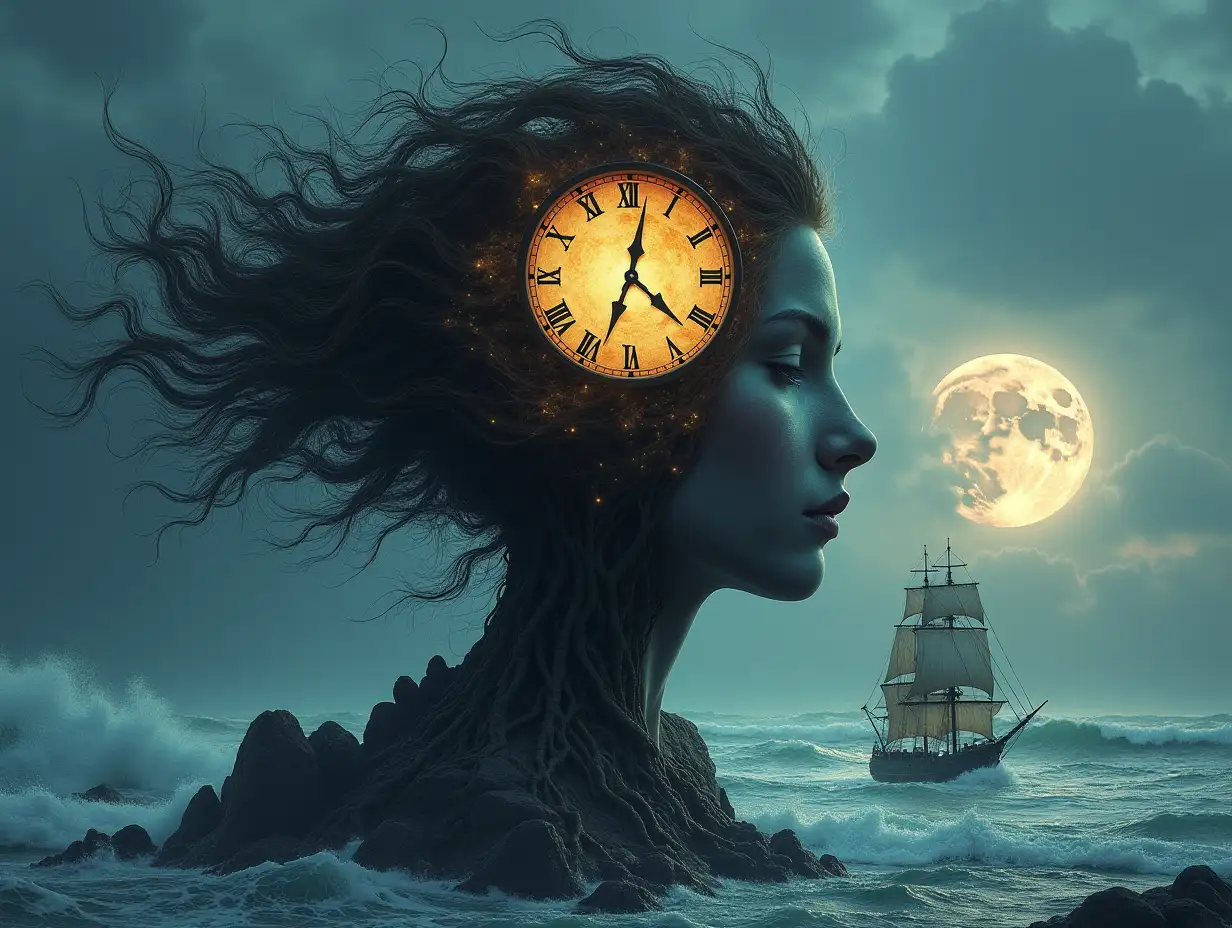 Face with hair transformed into a building with lit up clock and roots on an island with lunar eclipse sea sailing ship with large stones and big waves