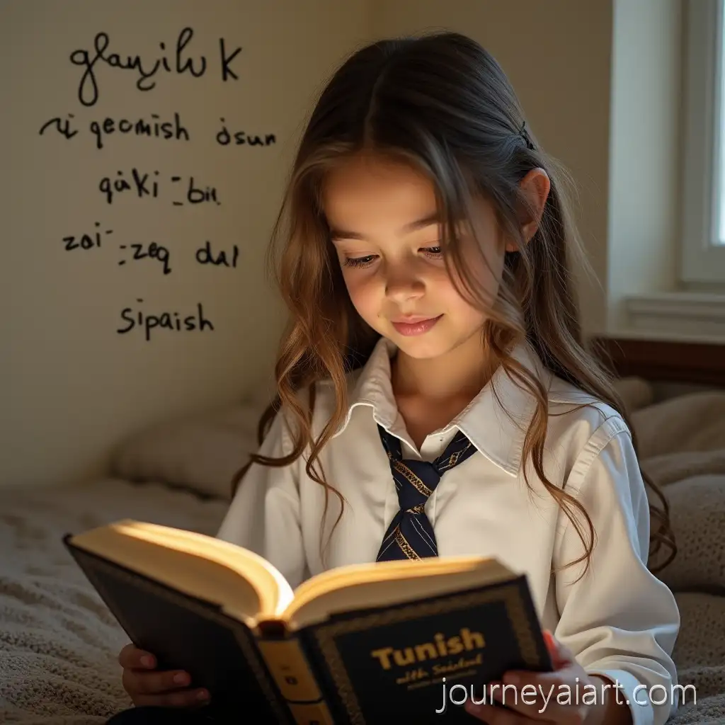 Beautiful-Young-Woman-Reading-a-Turkish-Language-Book-in-Cozy-Room-with-Wall-Decorations