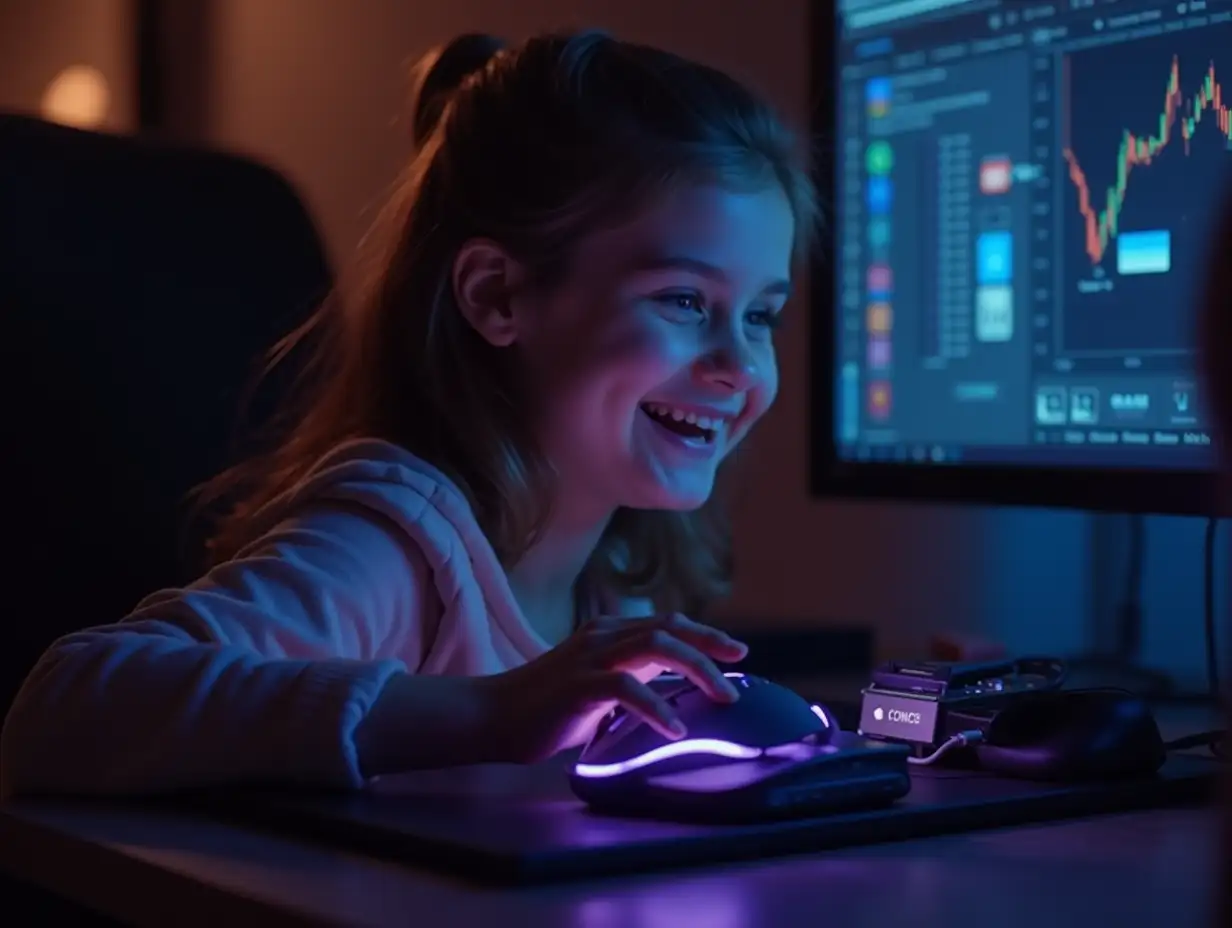 Cute girl in studio reviewing neon lit gaming mouse in front of camera in personal studio. Joyous kid filming electronics haul, presenting Bluetooth wireless computer peripheral to viewers