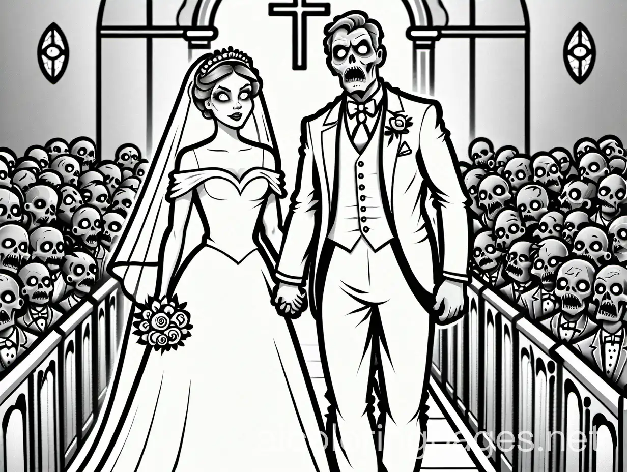 Zombie-Bride-and-Groom-in-a-Full-Church-Coloring-Page