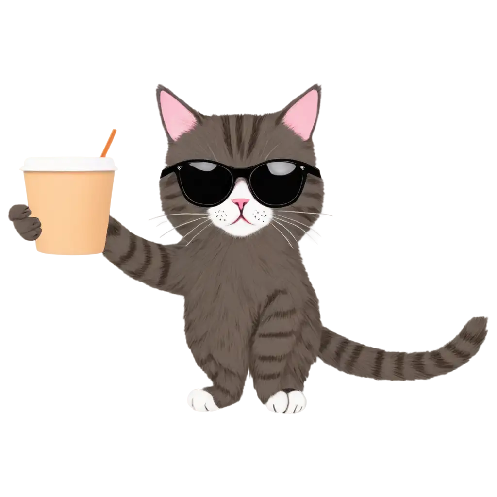 A cat wear a sunglass drink a coffee