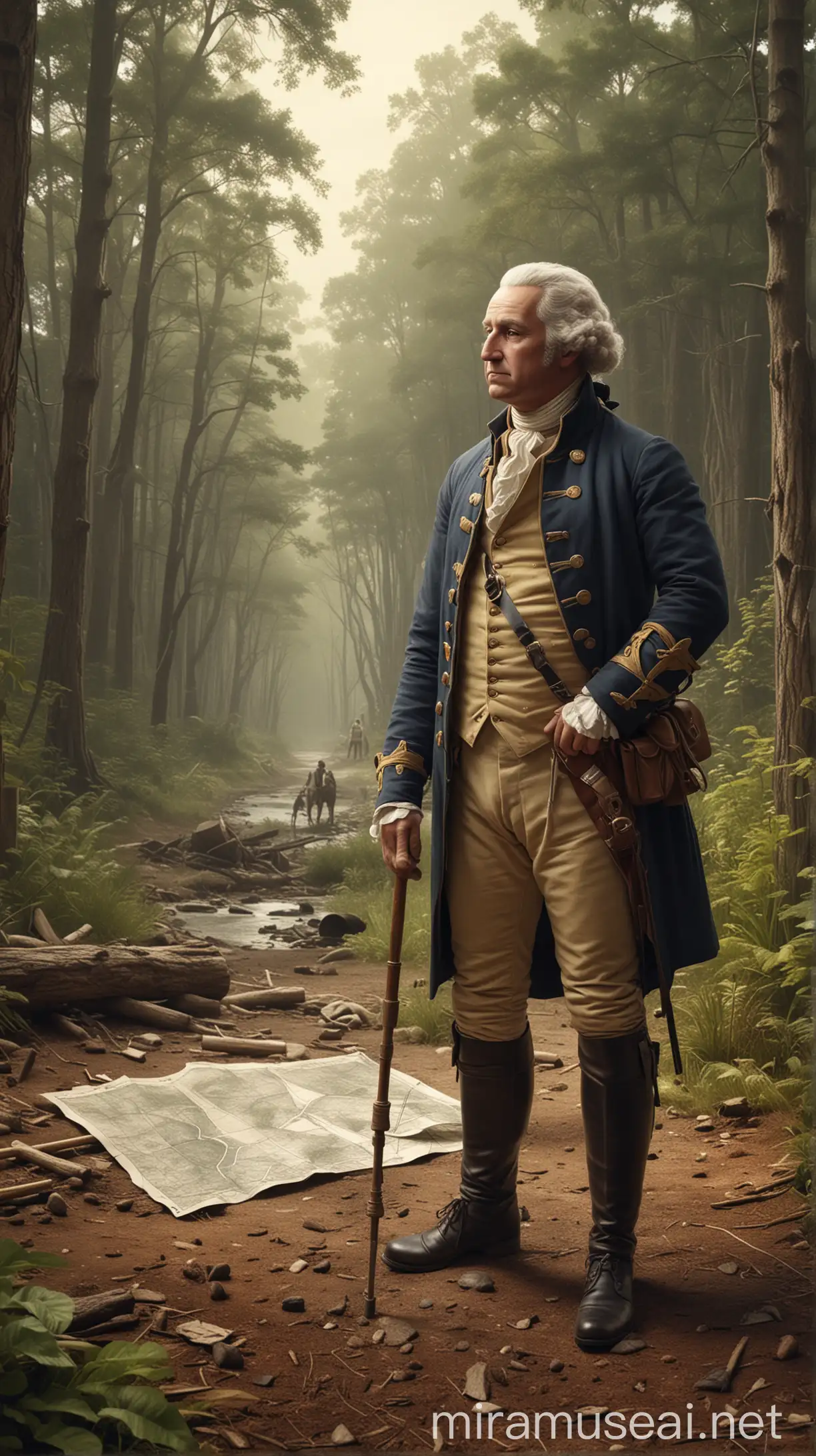 Depict George Washington working as a land surveyor, exploring and mapping out new territories. hyper realistic