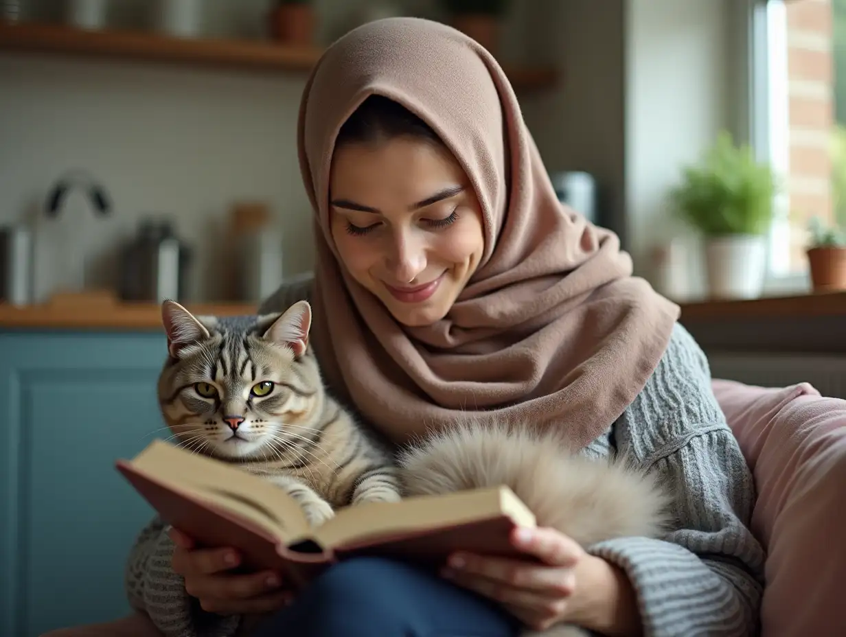 Young adult female cancer patient wearing headscarf sitting in the kitchen with her pet cat, relaxing by reading a book.