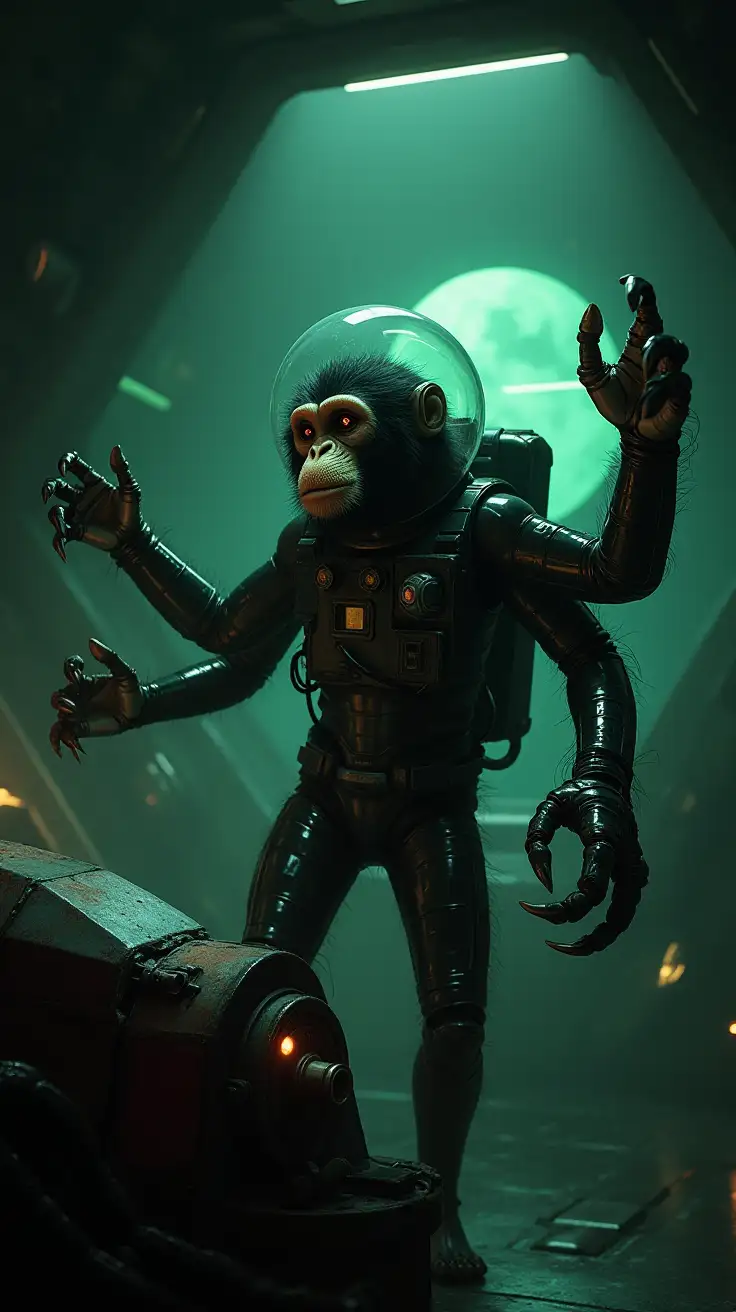 FourArmed-AnimalRobot-Hybrid-Monkey-in-Space-Suit-Operating-Controls-on-a-Gloomy-Spaceship