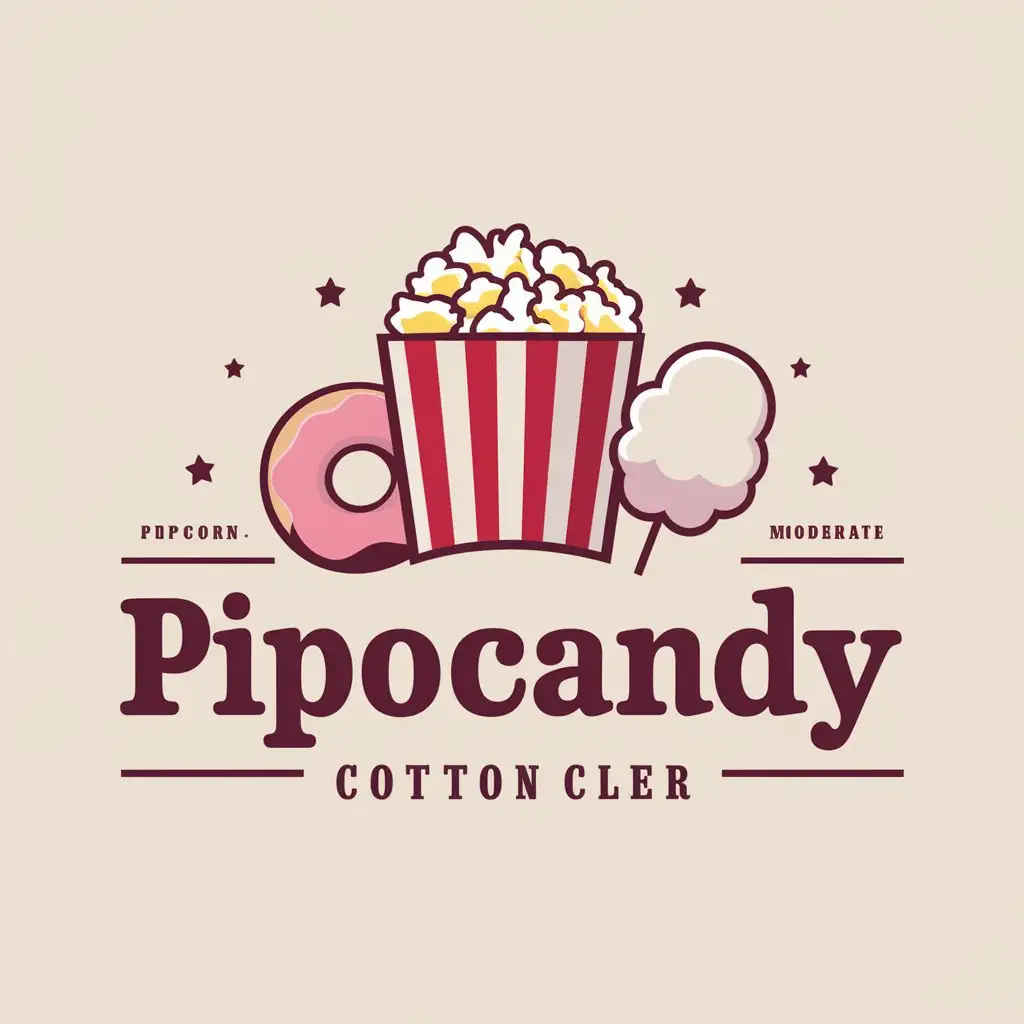 LOGO Design For Pipocandy Playful Vector Design with Popcorn Donuts and Cotton Candy