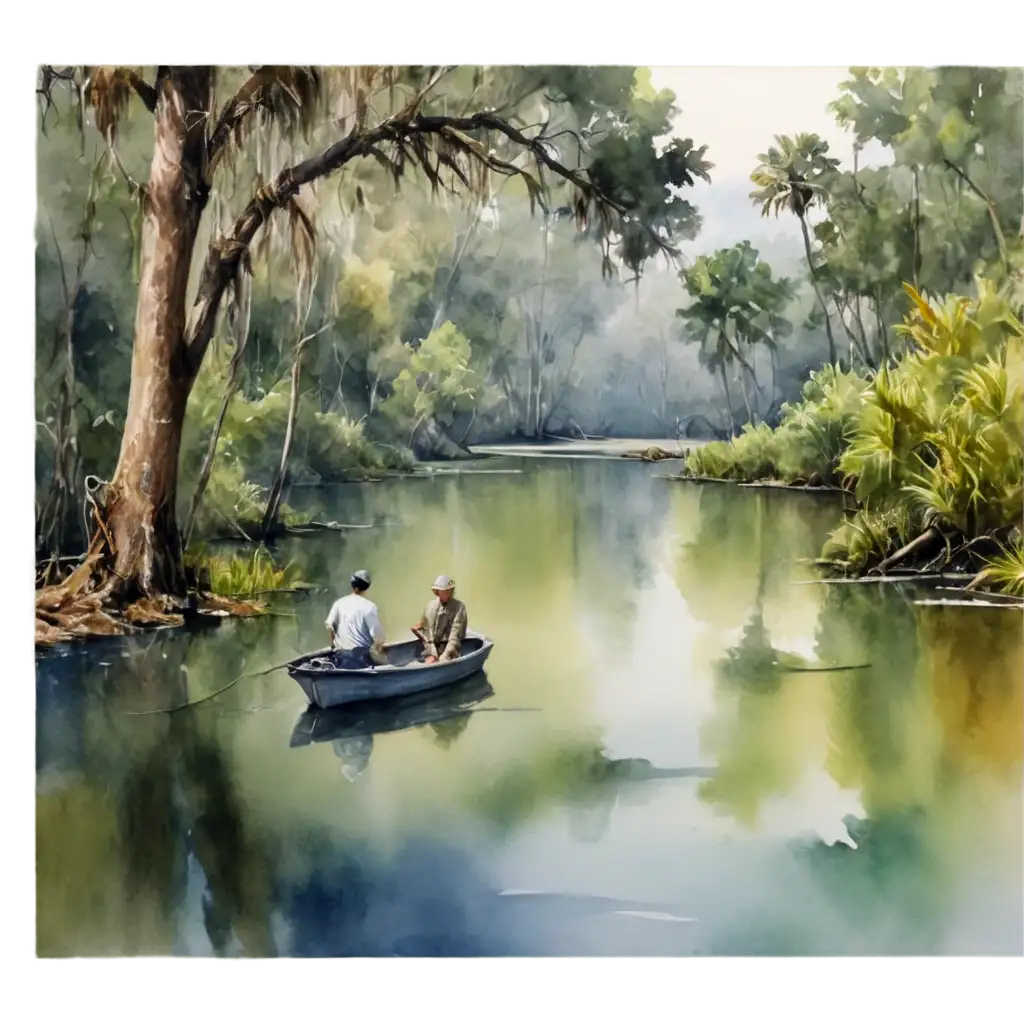 HighQuality-PNG-Image-Jon-Boat-on-Florida-Creek-with-Two-Men-Fishing-Watercolor