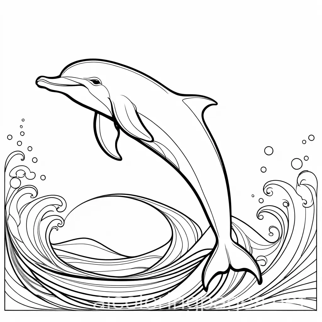 Dolphin, Coloring Page, black and white, line art, white background, Simplicity, Ample White Space. The background of the coloring page is plain white to make it easy for young children to color within the lines. The outlines of all the subjects are easy to distinguish, making it simple for kids to color without too much difficulty