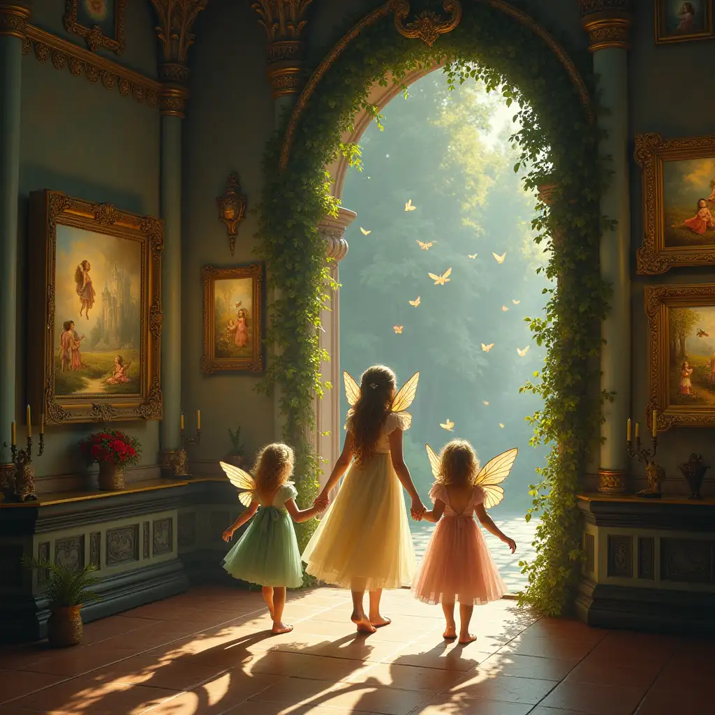 In the enchanted gallery of a regal castle, a series of fairy tale paintings came alive. Each canvas, adorned with exquisite frames, was a portal to a magical world. The masterpieces depicted a vibrant universe where delicate elves, with their ethereal beauty, held hands with their elven children, wings fluttering like a symphony of butterflies and dragonflies. As if sensing the渴望 for freedom, these creatures began an enchanting escape.