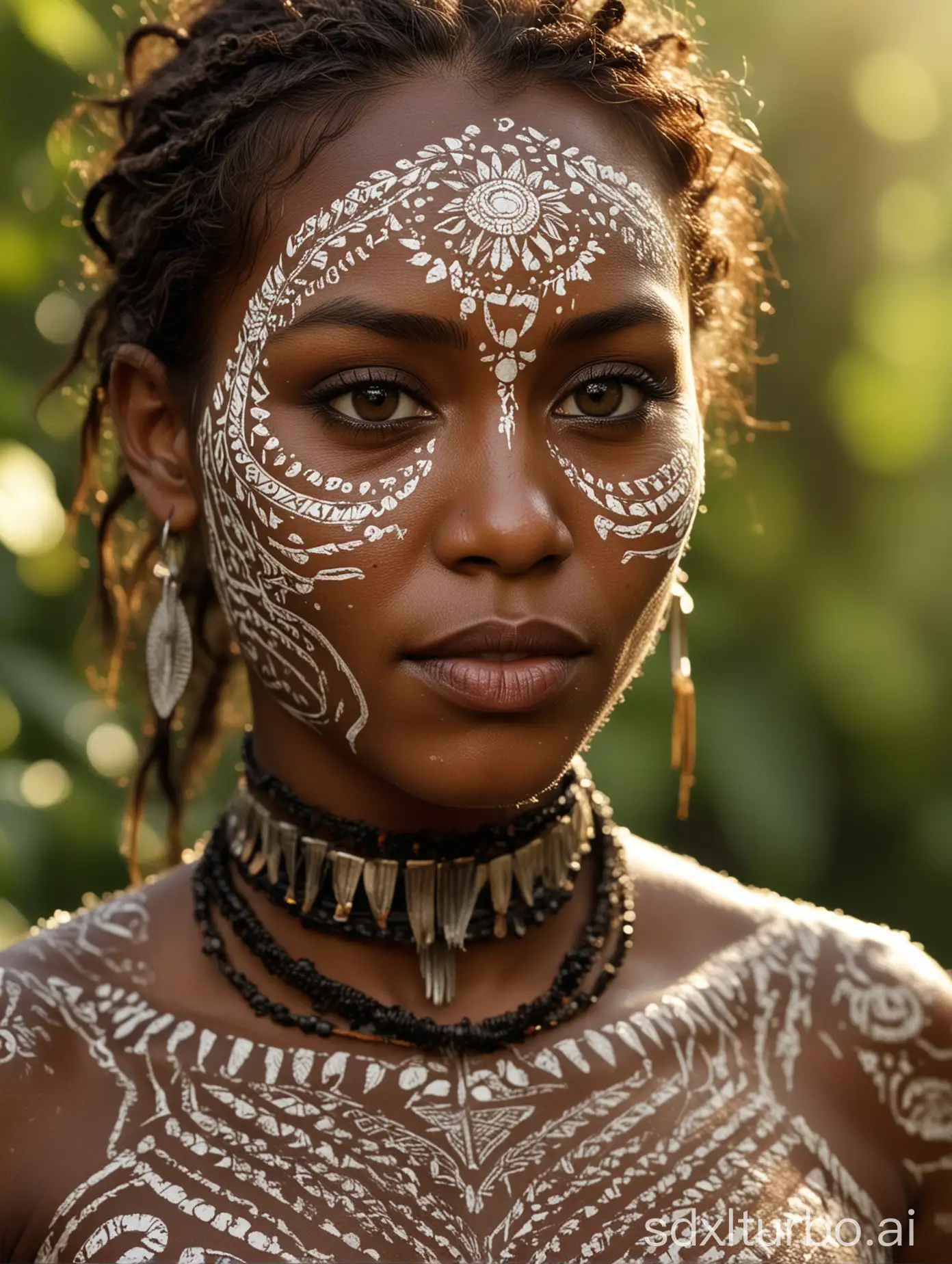 realistic, photograph, three quarter full-body portrait, a woman [papua new guinea], intricate, highly detailed, ornamented natured parts, intense, piercing, [natural|artificial] eyes, tribal body paint, lush jungle background, sharp focus, soft lighting, skin texture, pores, beauty spot, realistic reflections, extremely detailed realistic skin, 80mm, f1.2, National Geographic, Nature