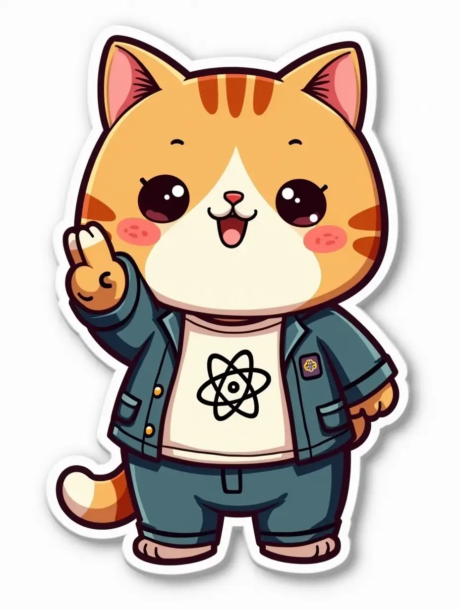 A curvilarly cut sticker depicting a kawaii positive fluffy little cat in office clothes with an atom symbol on t-shirt. The cat points his finger towards the person looking at the center of the image. Vibrant and dynamic die cut sticker design top-view, high resolution, vector art, white background, paint in anime style