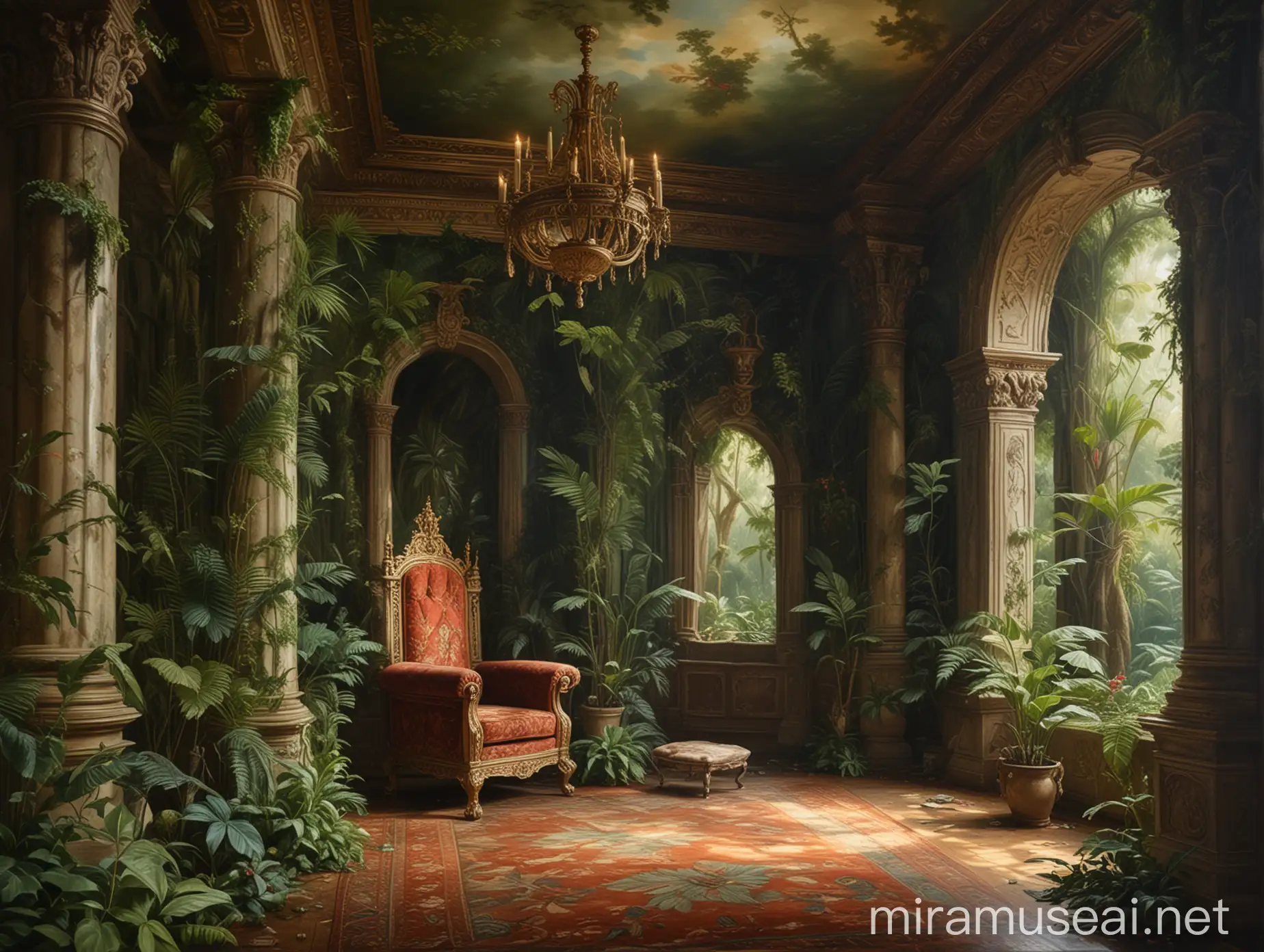 Renaissancestyle Oil Painting of Majestic Jungle Room with Regal Throne