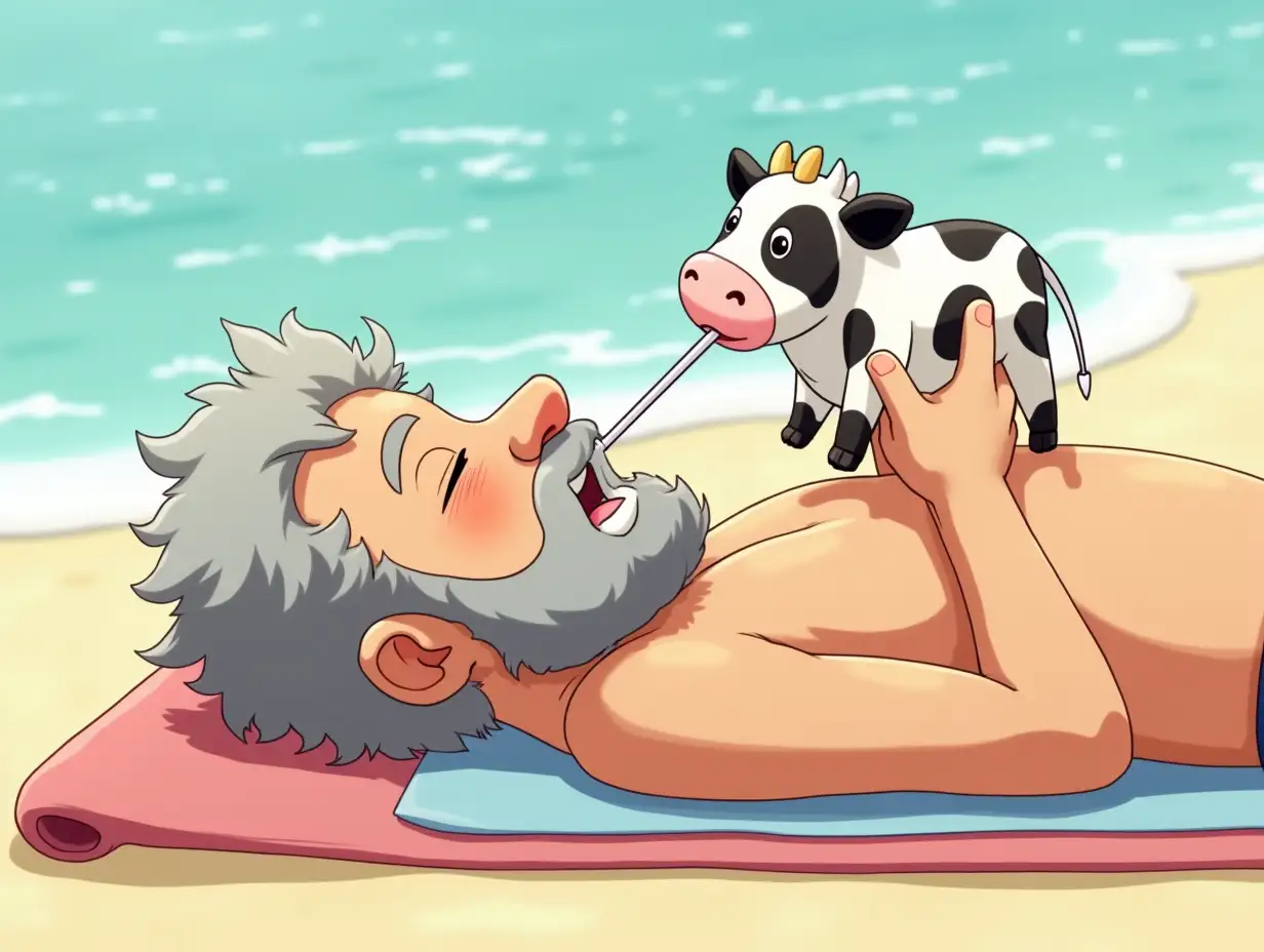 Bearded gray haired man of fifty lies tanning on a sunny beach. In his right hand, he holds a tiny living cow, from which he drinks milk through a straw. Anime style.