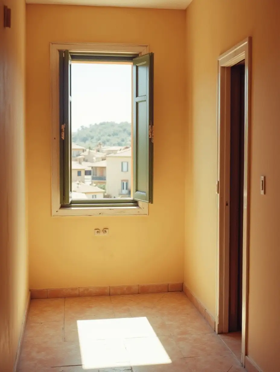 A vintage photograph captured with 80s film cameras, warm Mediterranean town, showcasing the space between a wall and a window, serene atmosphere, no people --ar 9:16 --s 100 --no text