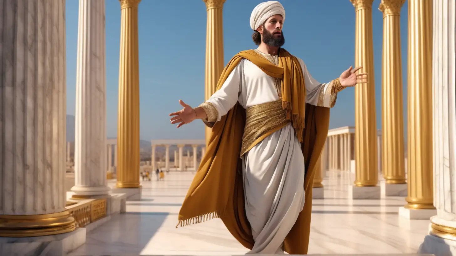 Hebrew Man Reciting Poem in Festive Attire at Temple Porch