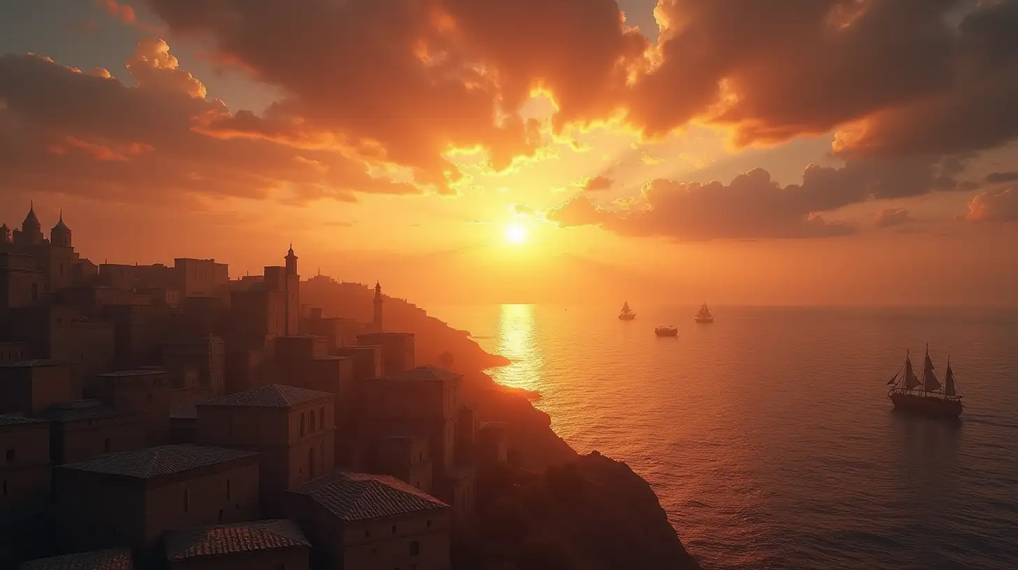 Dramatic Sunset Over an Ancient City by the Sea