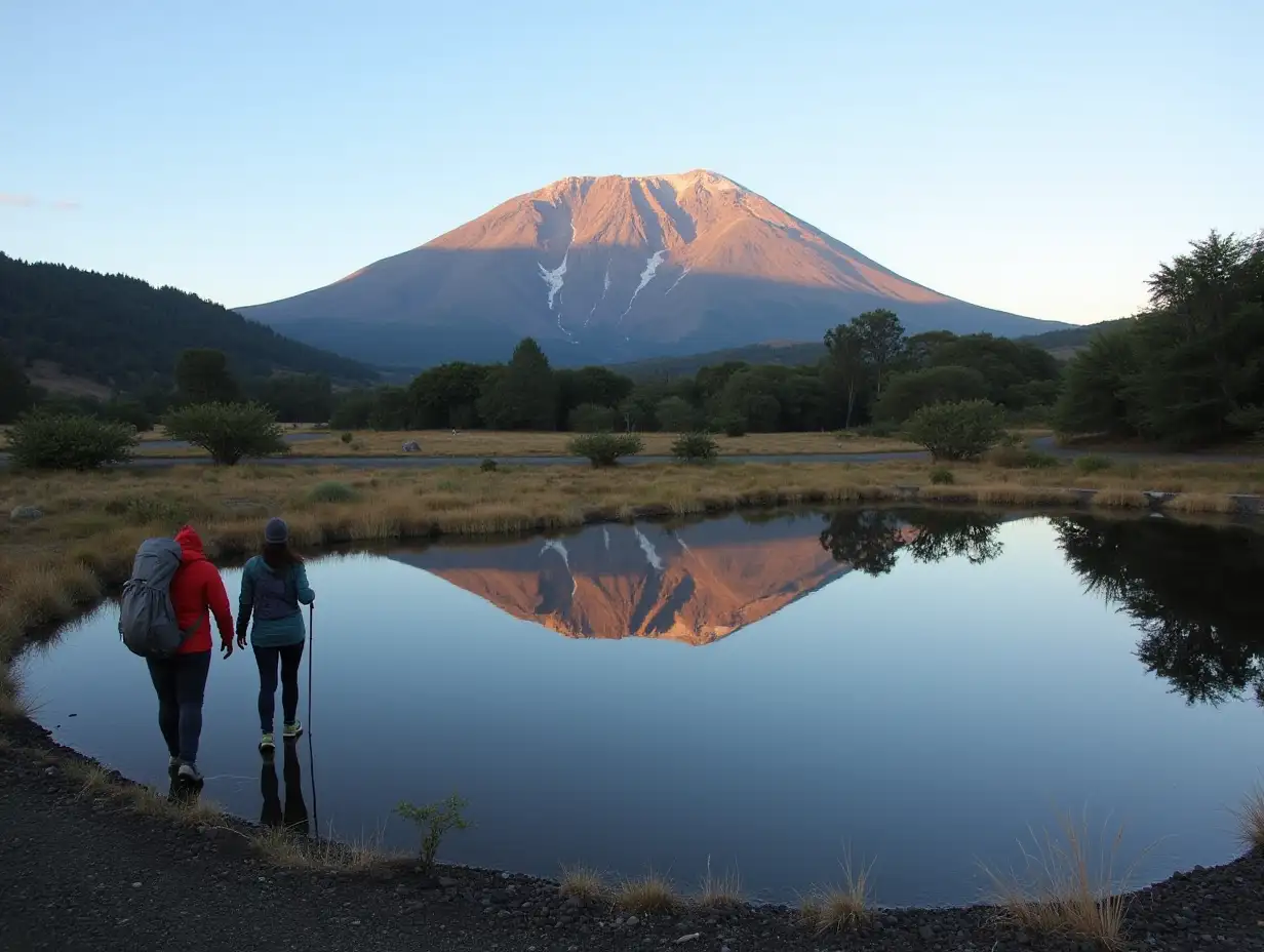 Two people hiking Pouakai circuit. Mt Taranaki reflected in the tarn in early morning sunshine. New Zealand.