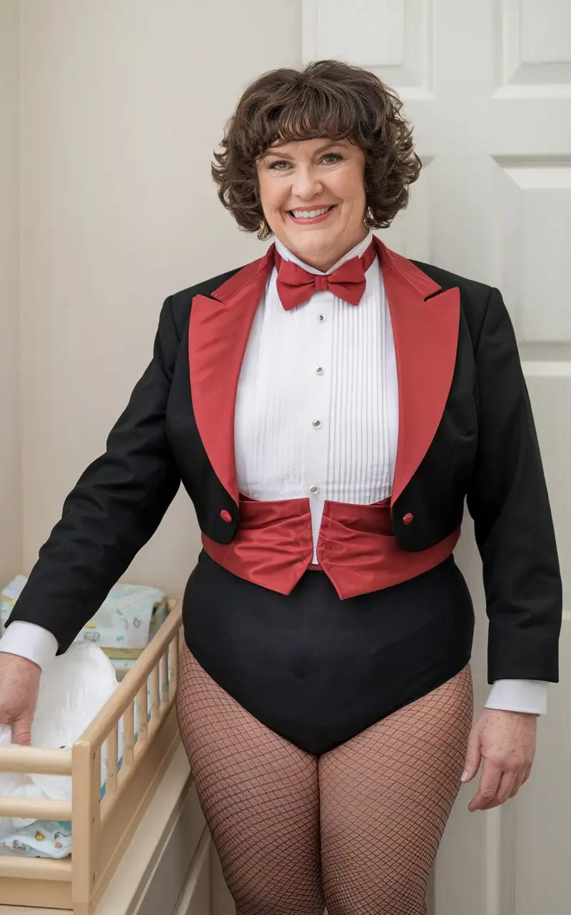 Cheerful-Woman-in-Formal-Tuxedo-Unfolding-Diaper-in-Nursery