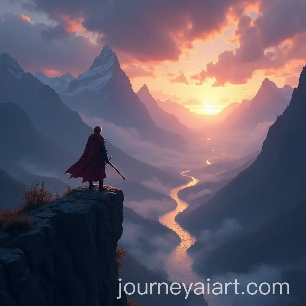 Lone-Hero-Overlooking-Mystical-Landscape-at-Dusk