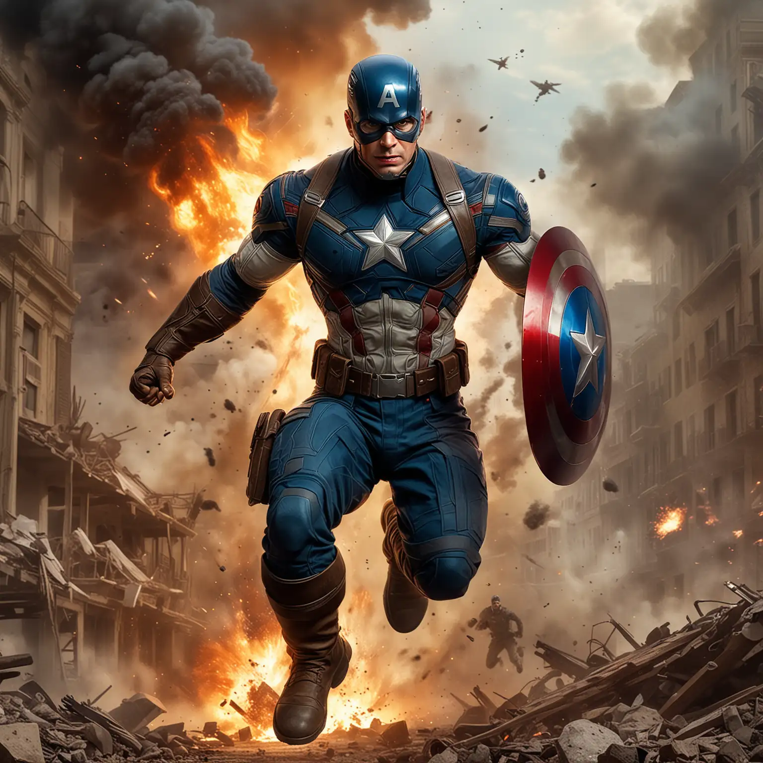 Captain America leaping out at the screen, his powerful muscles and determined expression captured in mid-air, amidst a war-torn battlefield with smoke and explosions, conveying a mood of intense action and bravery, Artwork, oil painting with dramatic lighting and rich textures, --ar 16:9 --v 5