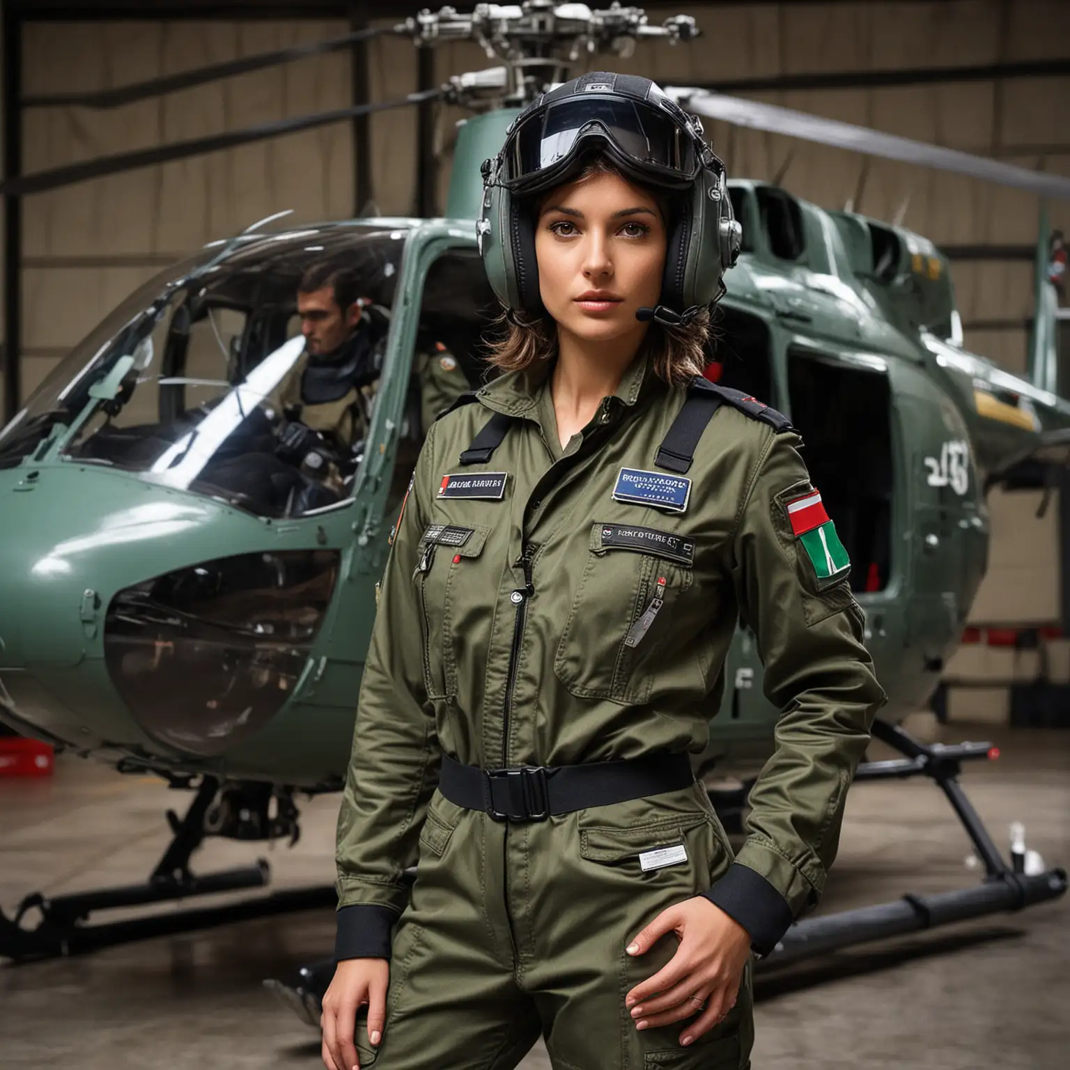 Italian Top Model in Helicopter Pilot Uniform at Hangar