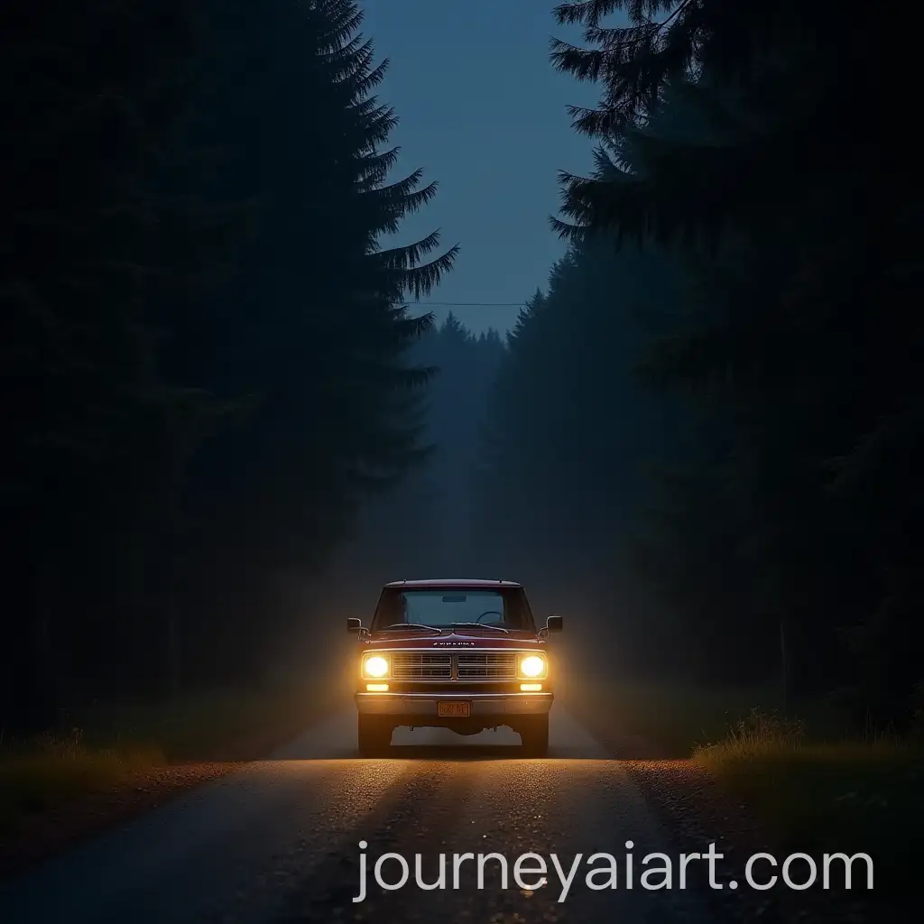 Young-Clint-Eastwood-Driving-a-Dodge-A100-on-a-Forest-Road-at-Night-with-Bright-Headlights