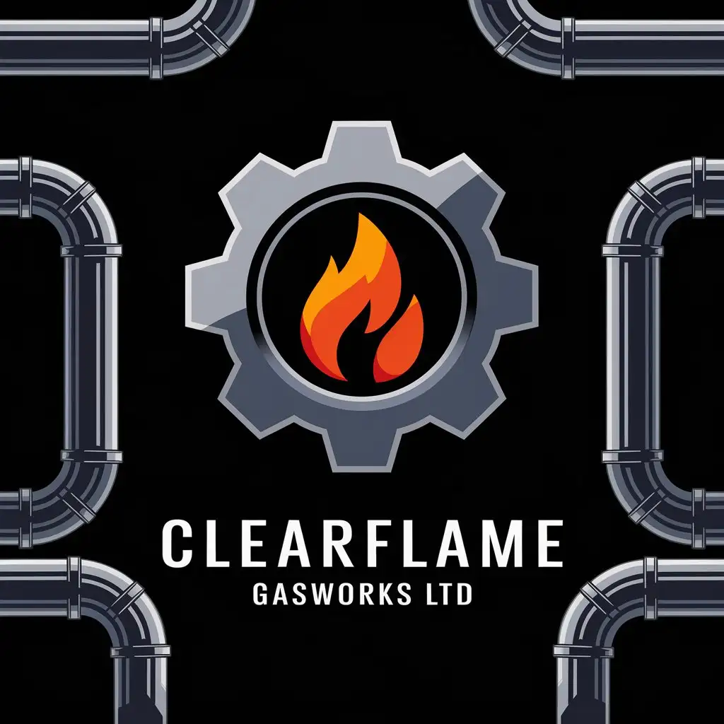 LOGO Design for CLEARFLAME GASWORKS Ltd Geometric Gear UShaped Pipes and Flame with Metallic and Orange Elements