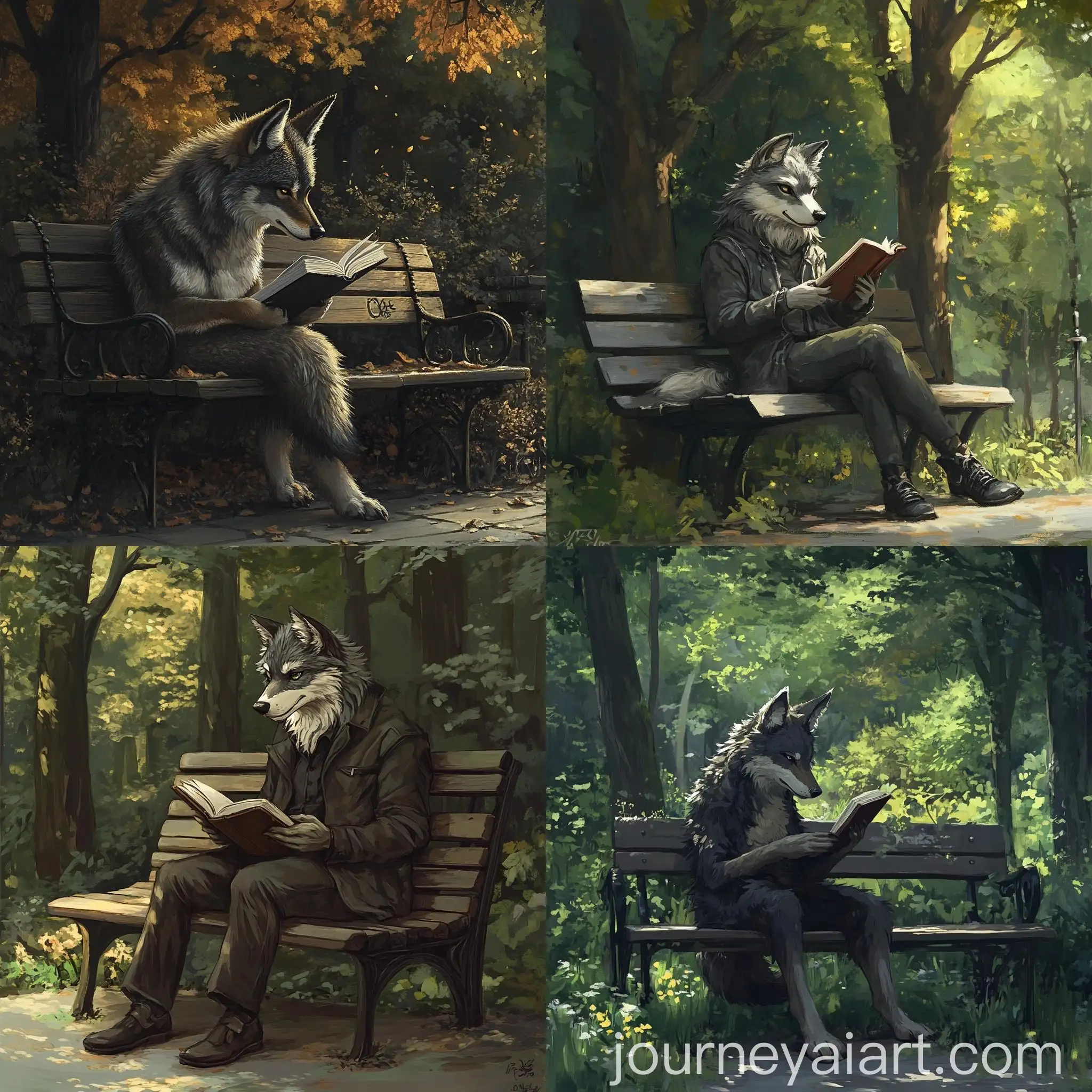 Anthropomorphic-Wolf-Reading-Book-on-Park-Bench