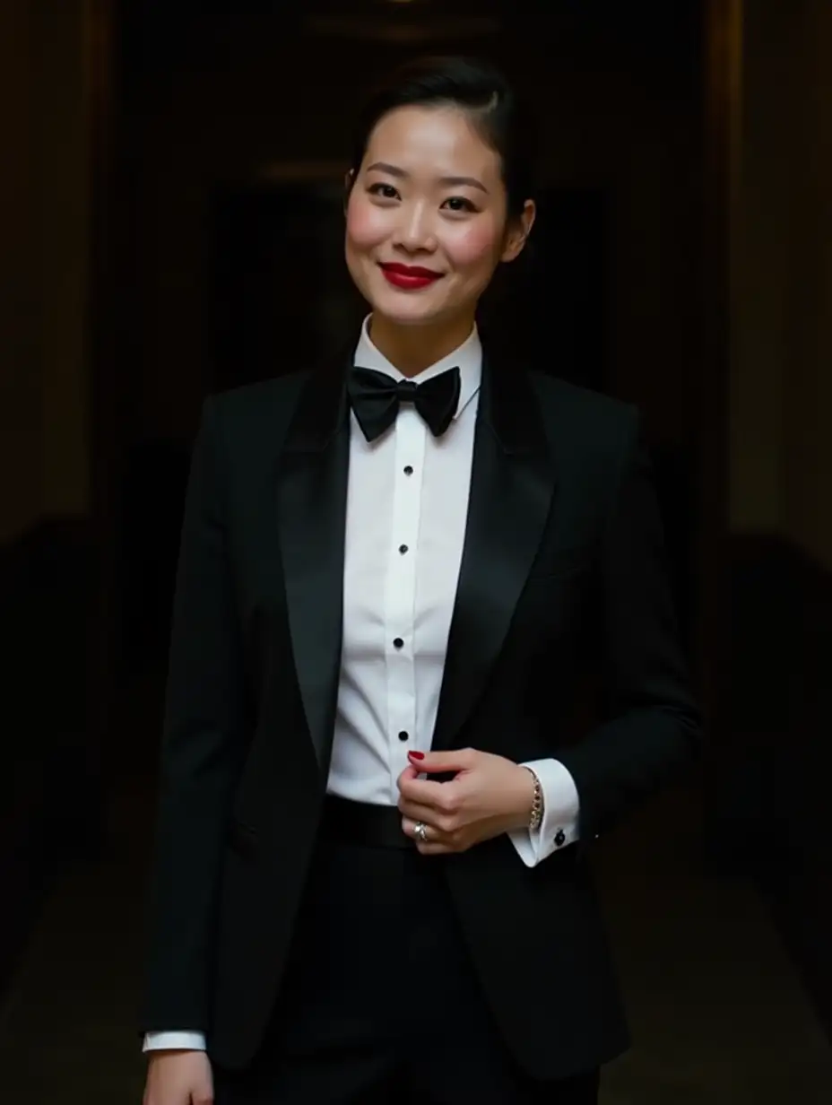 A sophisticated and confident 30 year old Asian woman with lipstick and wearing a tuxedo with an unbuttoned jacket. She has cufflinks. She is smiling. She is wearing lipstick. She is facing forward. Standing in a darkened hallway. Her shirt is white with double french cuffs and a wing collar. Her bowtie is black. Her cufflinks are silver. She is wearing black pants.