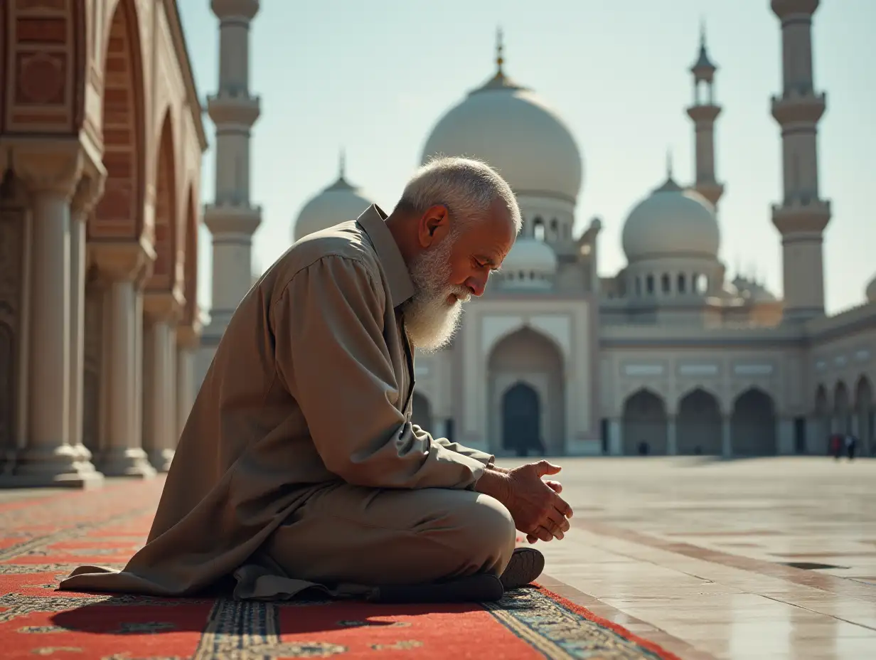 An elderly man praying at the edge of the mosque