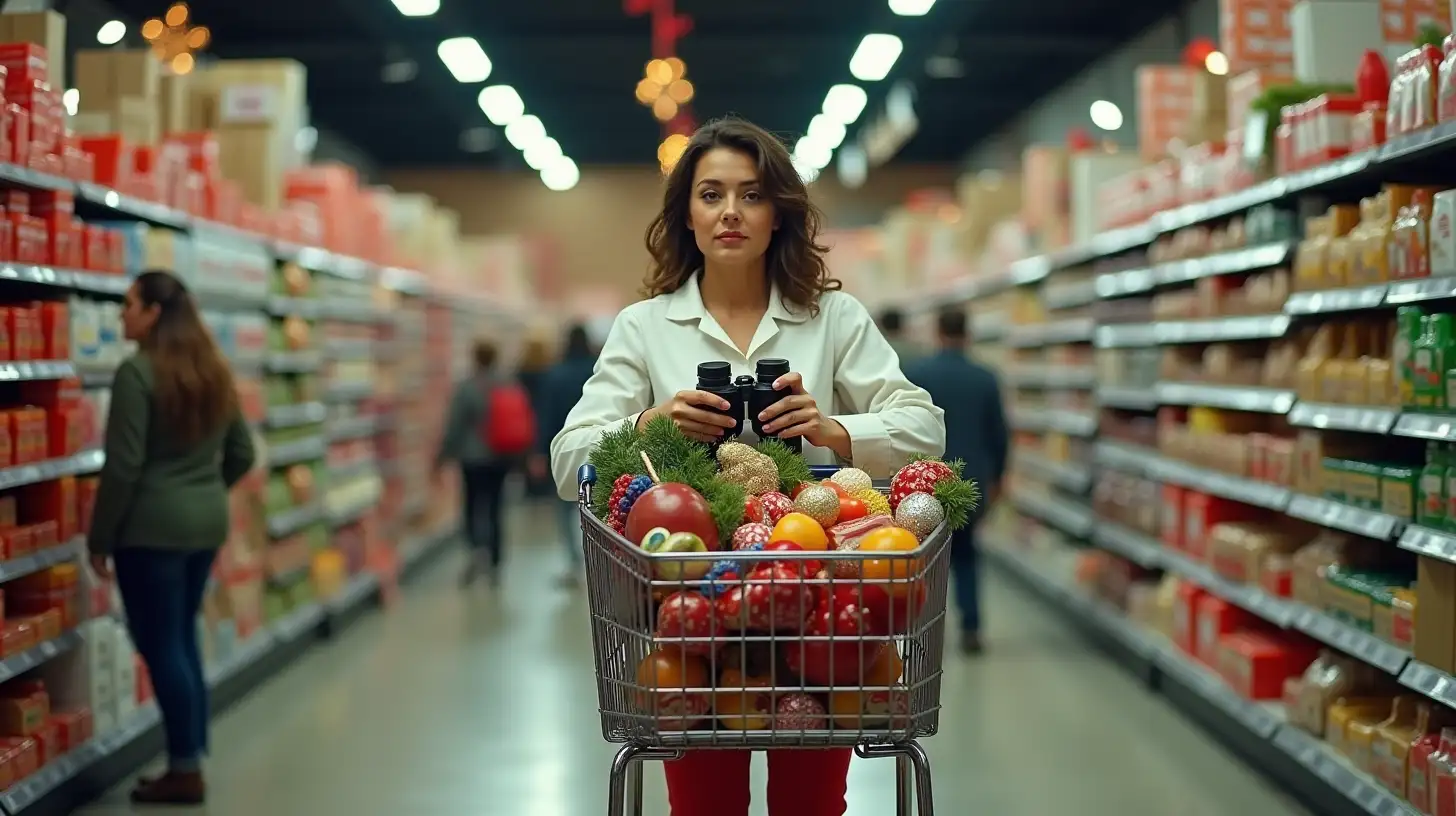 Brunette Woman Shopping in a Festively Decorated Supermarket