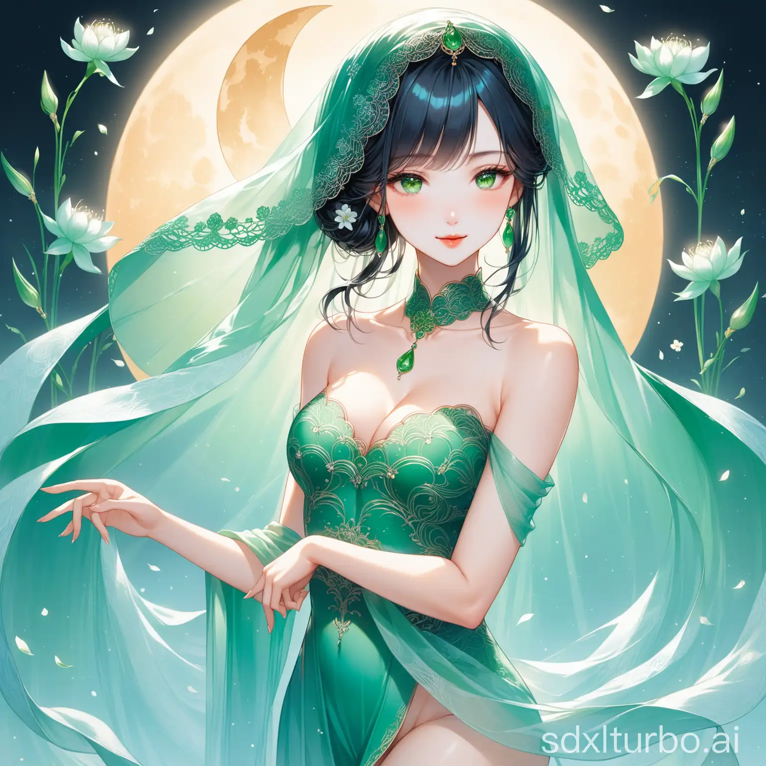 Light blue hair, jade-like skin, a face like blossoming flowers hiding the moon, slender and round thighs, a figure that's full in the front and curvy at the back, beautiful collarbones subtly showing, wearing thin blue veil, shoulders as if carved, waist as if binding silver, muscles as if jade, graceful steps, pale wrists appearing from behind light gauze curtains with eyes reflecting clear waves, a small bun on the head with an empty golden hairpin adorned with purple gems, lace scattered on the blue-black hair like a blossoming flower, fingers as if slicing green onions, lips as if holding red dan, a smile that touches one's soul