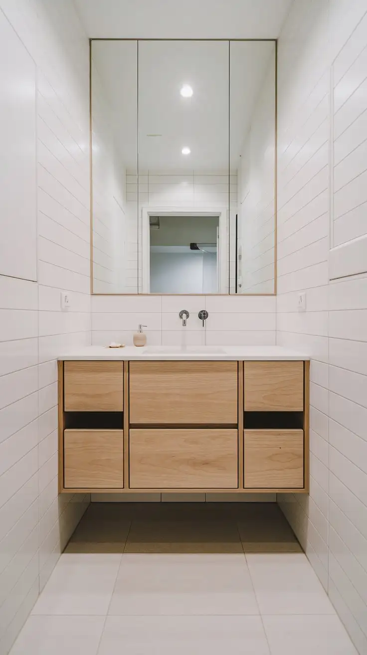 Wide shot of a real stunning small modern bathroom showcasing a floating vanity with drawers.  Open space beneath the vanity, light wood tone.  Minimalist sink and faucet.  White walls, light tile floor. Spa-like atmosphere, clean lines, modern style. --ar 16:9 --v 5