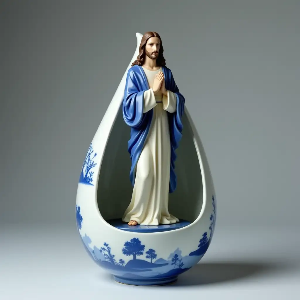 A detailed porcelain figure of Jesus Christ, rendered in a hyperrealistic style,  within a pear-shaped, blue and white ceramic vessel.  The figure is presented in a pose of prayer, with hands clasped, and is dressed in a light cream-colored robe over a deep blue outer garment.  The figure stands on a small blue platform within the vessel.  The vessel itself is decorated with a repeating pattern of stylized trees and landscapes in soft blue and white, reminiscent of Dutch Delftware. The background is a muted, neutral gray. The lighting emphasizes the details of the figure and the intricate patterns on the vessel, highlighting the textures and smooth curves of the porcelain material.  The scene is calm and devotional, evoking a sense of serene beauty and religious reverence.