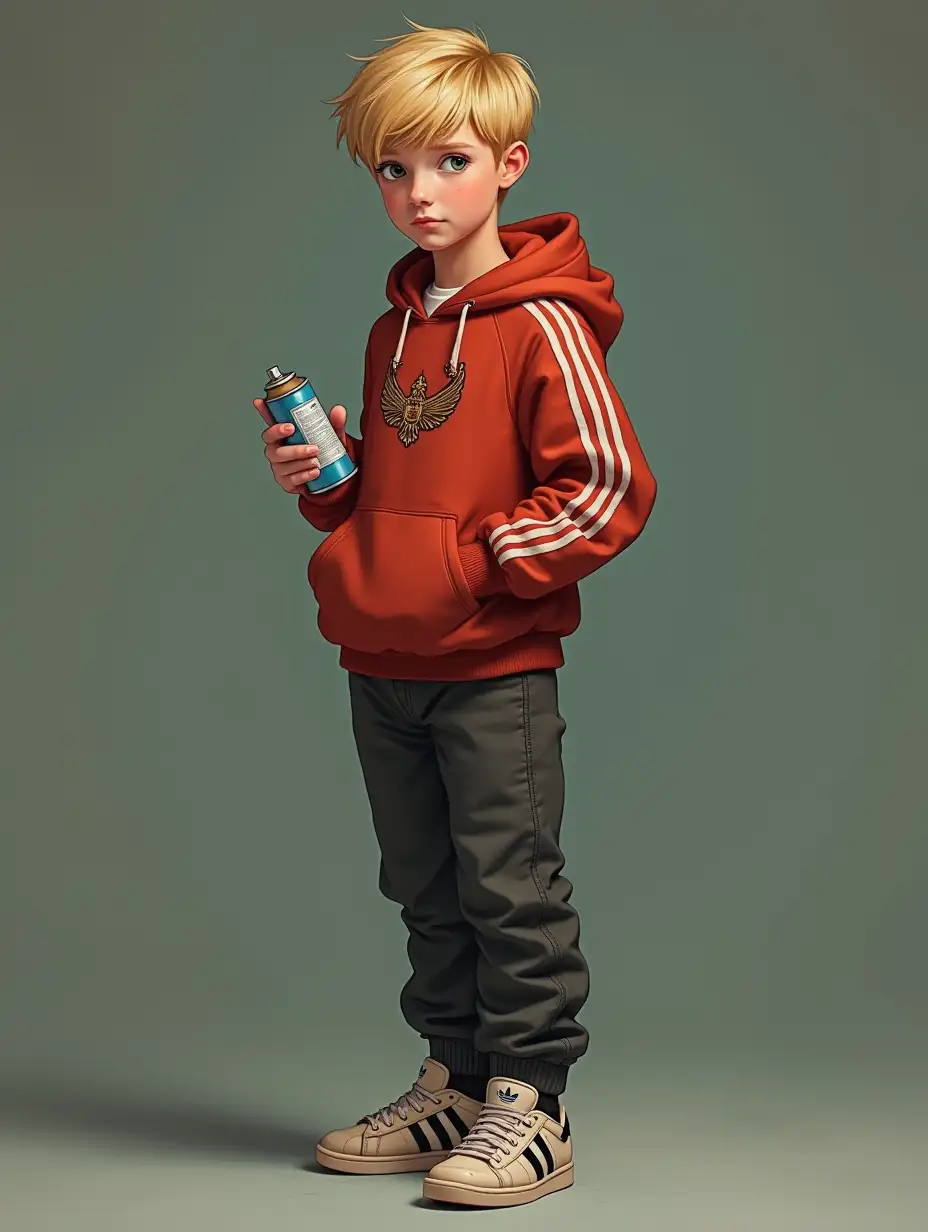 A boy with short blonde hair, green eyes in a Fred Perry hoodie, Ibiza trousers, Adidas Moscow sneakers, a Russian Orthodox cross on his chest, a pepper spray can and a phone