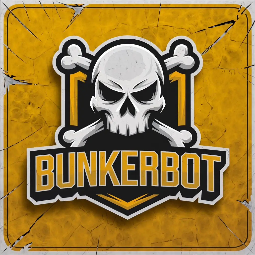 a vector logo design,with the text "BunkerBot", main symbol:skull with bones, on a yellow background, cracks and scratches,Moderate,clear background